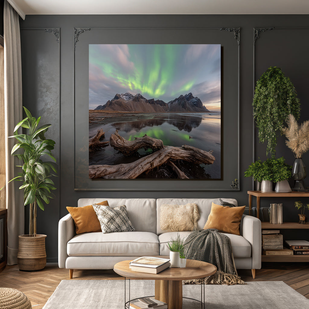 Polarlicht Natürliche Landschaft Mit Aurora Borealis Und Reflexionen | Fjorde und Gletscher | Landschaften