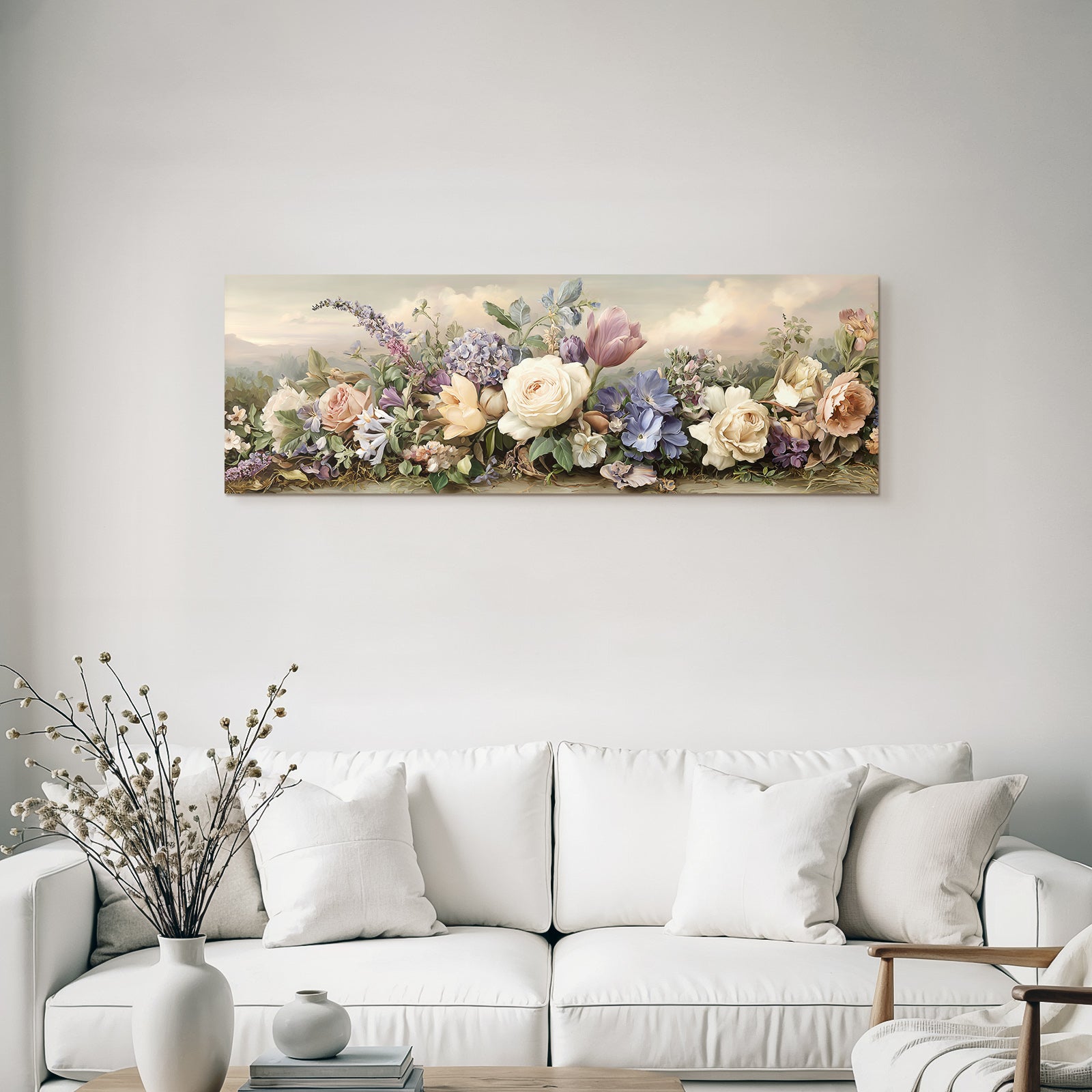 Romantische Landschaft Mit Rosen Und Tulpen Im Morgendlichen Pastelllicht