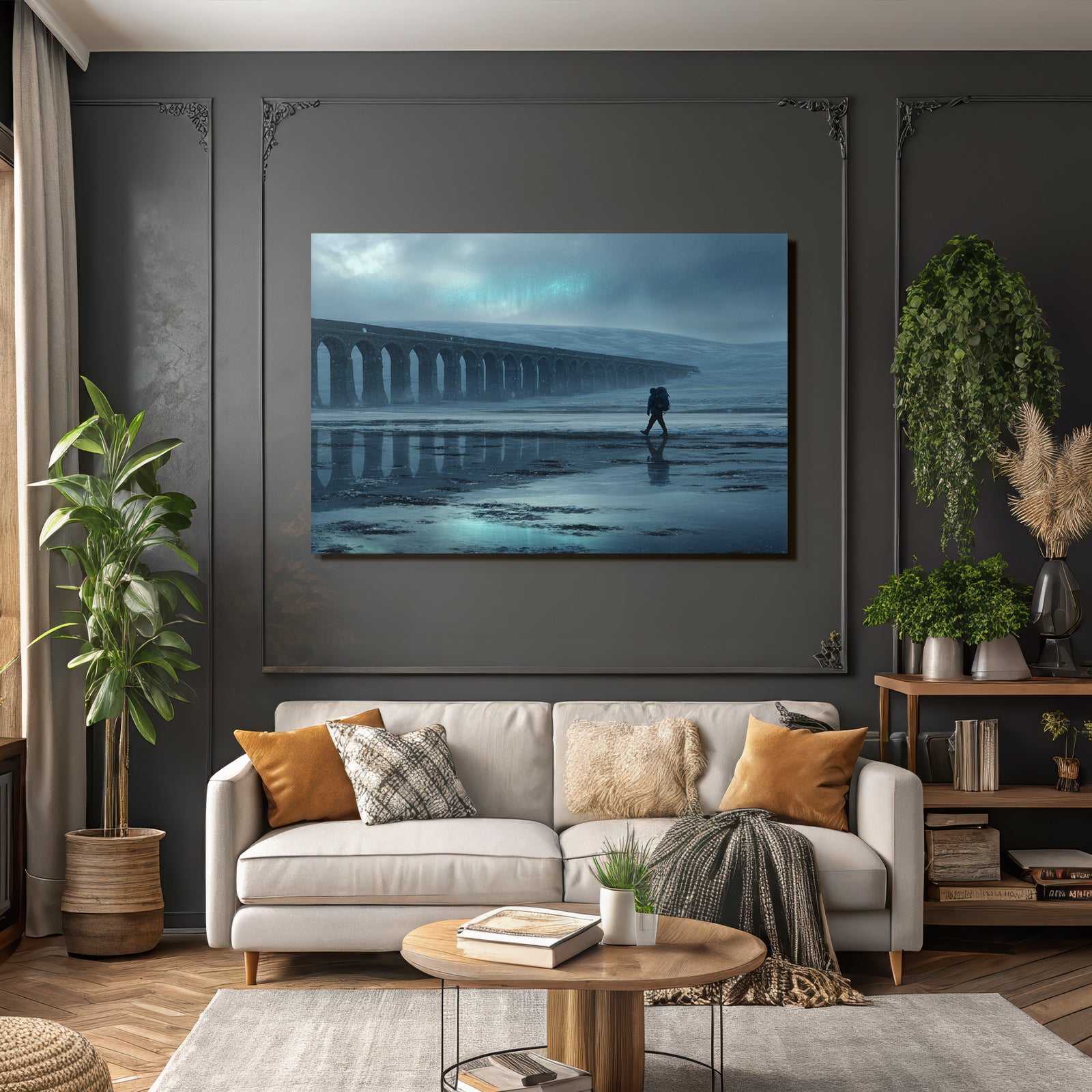 Polarlicht Einsame Figur Auf Reflektierender Fläche Unter Nebligem Himmel | Fjorde und Gletscher | Landschaften
