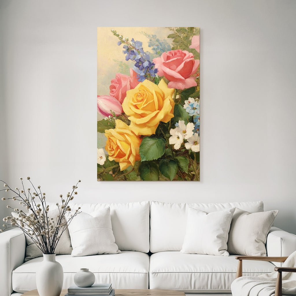 Wunderschöne Lebendige Gesteck Mit Rosen In Gelb Rosa Und Blüten Vor Hellem Hintergrund