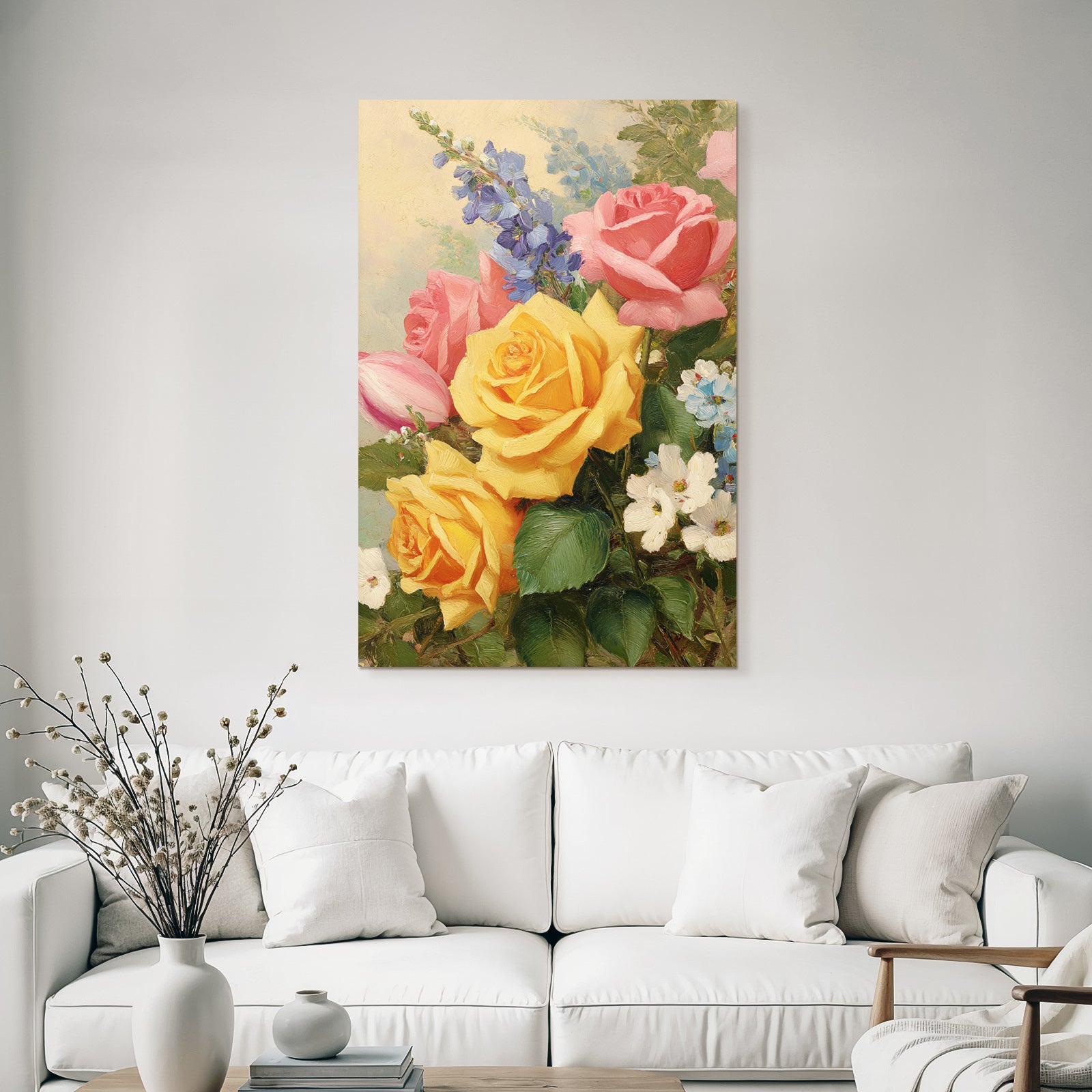 Wunderschöne Lebendige Gesteck Mit Rosen In Gelb Rosa Und Blüten Vor Hellem Hintergrund