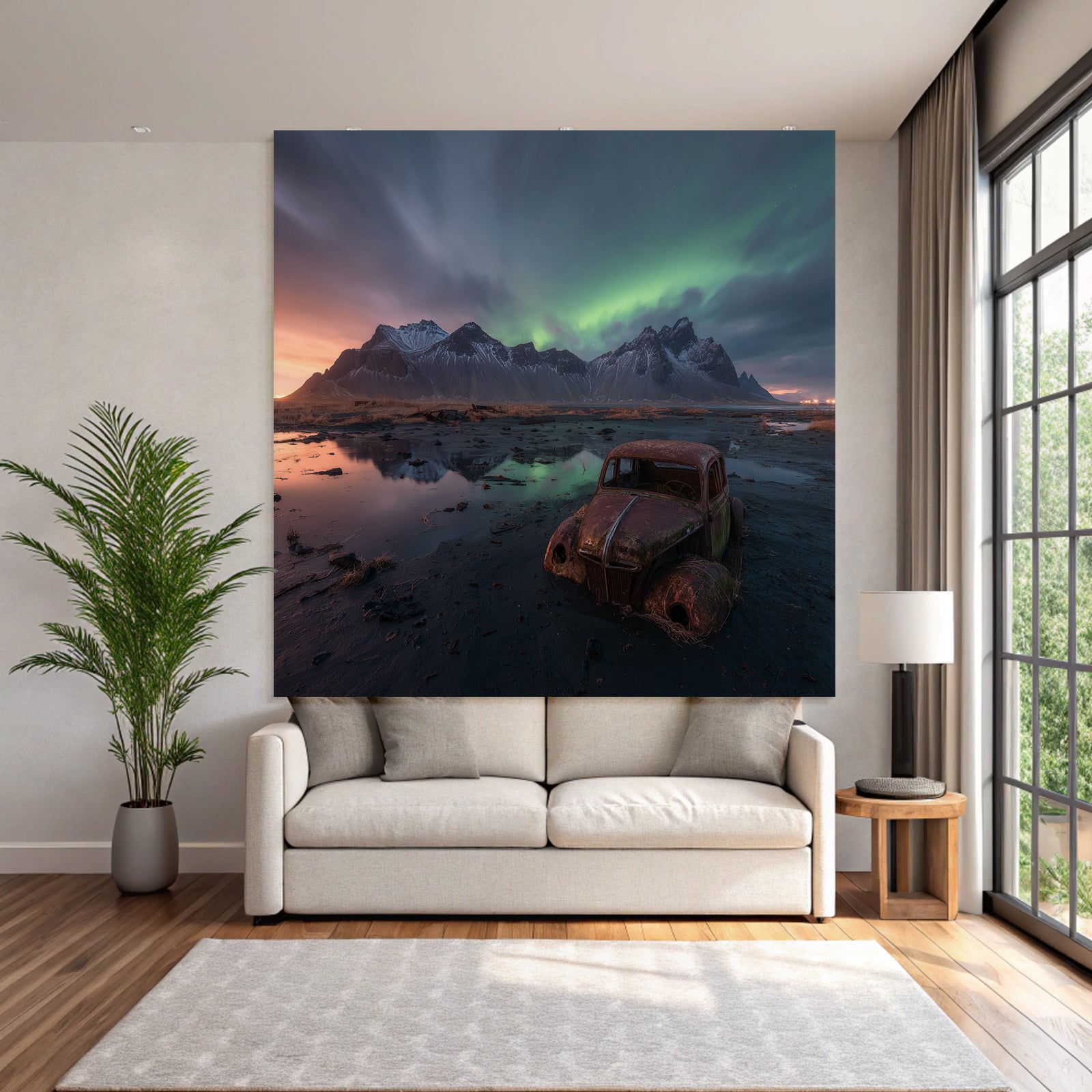 Polarlicht Rustiger Alter Wagen Im Vordergrund Unter Aurora Borealis Himmel | Fjorde und Gletscher | Landschaften