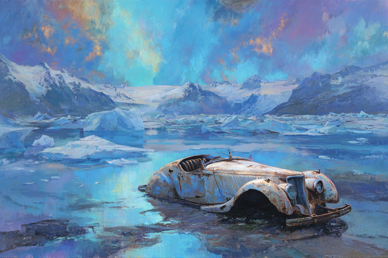 Polarlicht Vintage Auto Im Wasser Umgeben Von Eisbergen Und Bergen Traeumhafte Atmosphäre | Fjorde und Gletscher | Landschaften