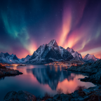 Polarlicht Schneebedeckte Bergen Mit Sternenhimmel Und Auroren Reflektiert Im Wasser | Fjorde und Gletscher | Landschaften