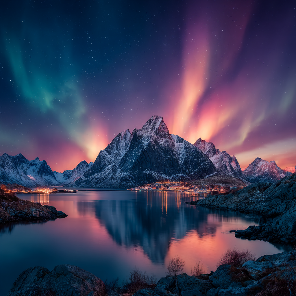 Polarlicht Schneebedeckte Bergen Mit Sternenhimmel Und Auroren Reflektiert Im Wasser | Fjorde und Gletscher | Landschaften