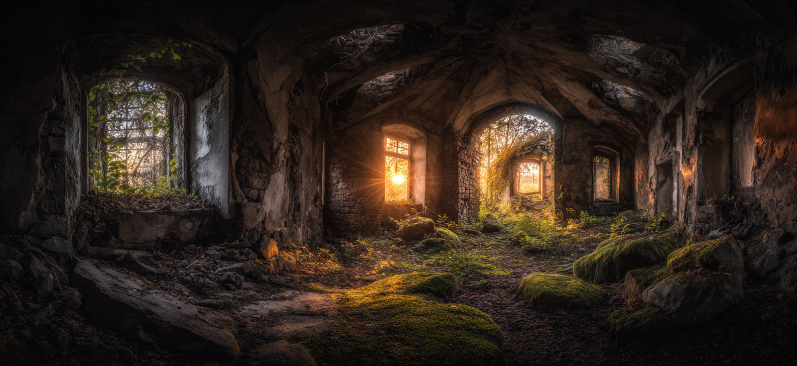 Verwildertes Innenleben Eines Aufgegebenen Gebaudes Mit Natur Und Sonnenlicht | Lost Places | Architektur