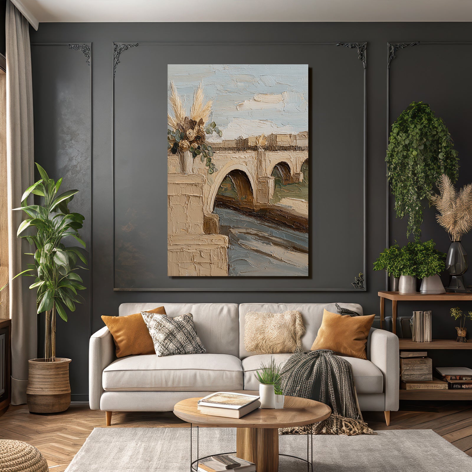 Trocken Retro Flowers Brücke Über Fluss Vase Mit Getrockneten Serde Landschaft