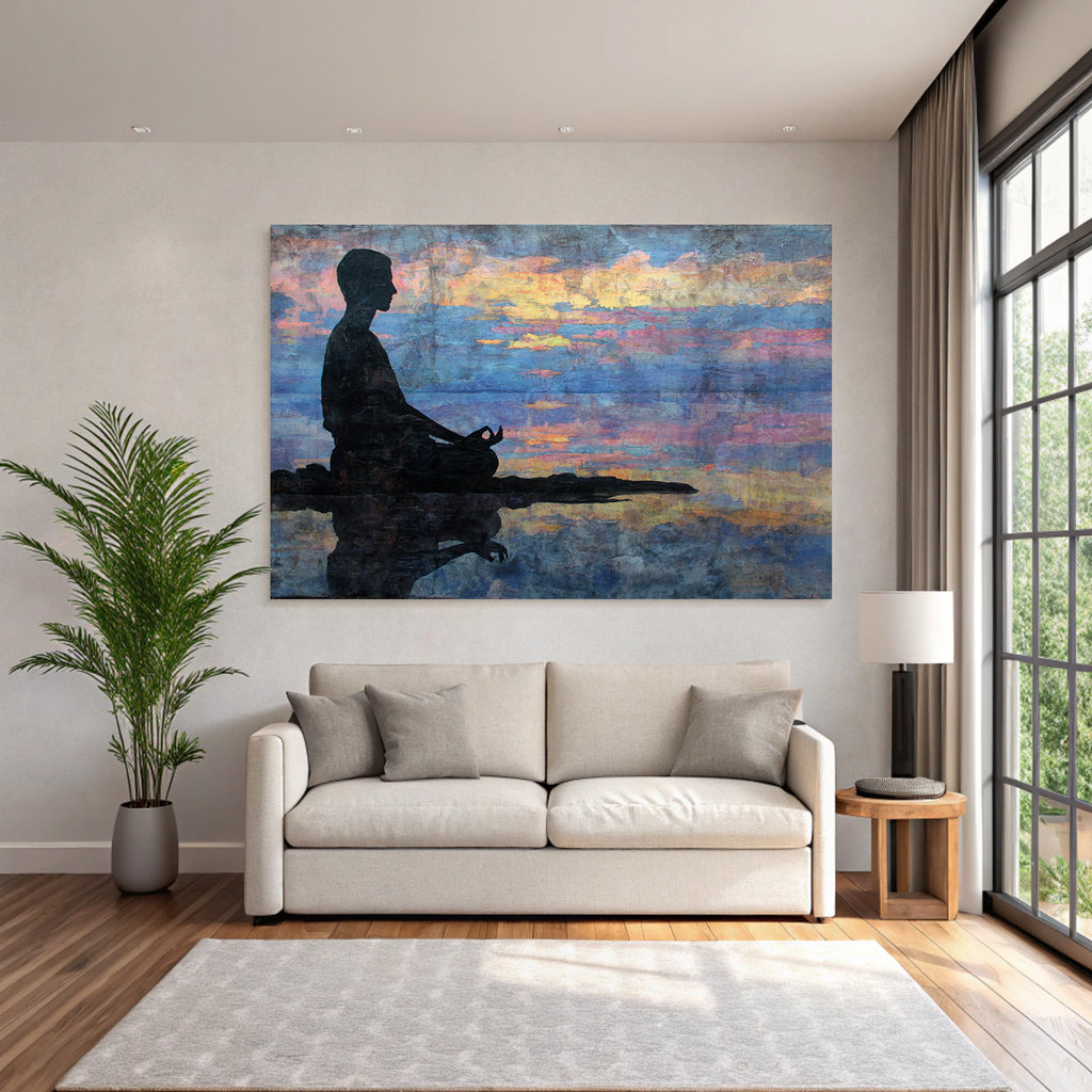 Yoga Meditation Sitzende Figur In Meditation Auf Reflektierendem Wasser Mit Vibrantem Himmel | Yoga und Meditation | Themen und Hobbys