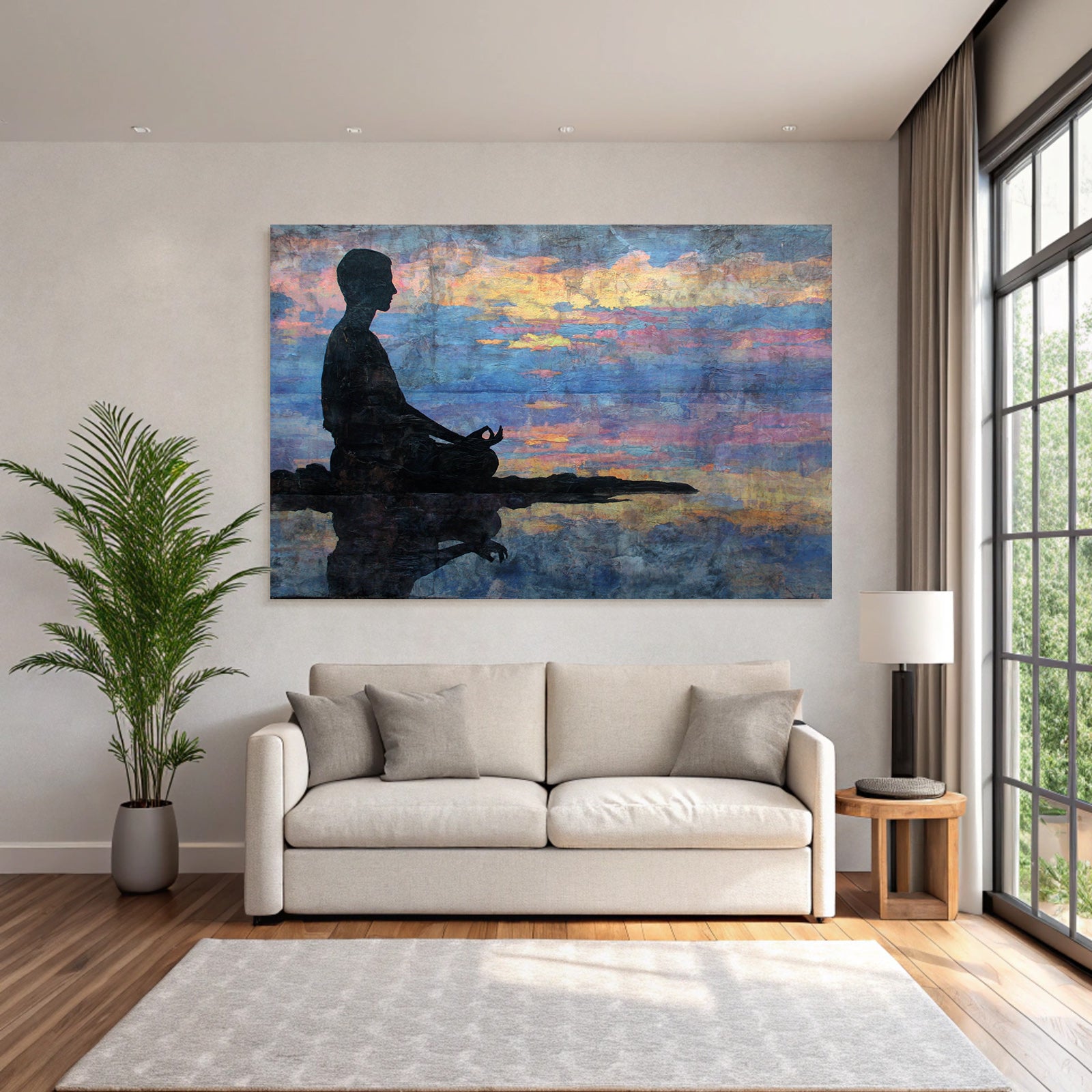 Yoga Meditation Sitzende Figur In Meditation Auf Reflektierendem Wasser Mit Vibrantem Himmel | Yoga und Meditation | Themen und Hobbys