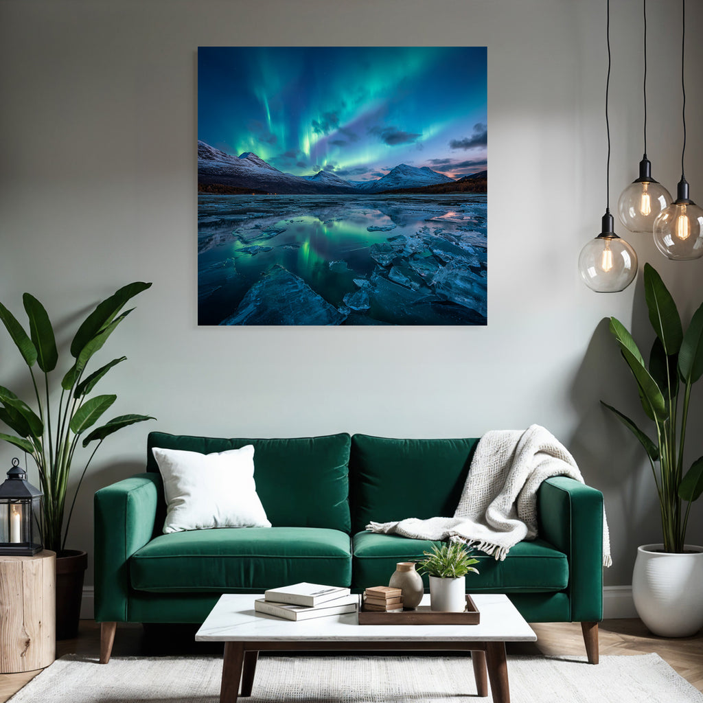 Polarlicht Nordlichter Auf Einem Gefrorenen See Mit Schneebedeckten Bergen | Fjorde und Gletscher | Landschaften