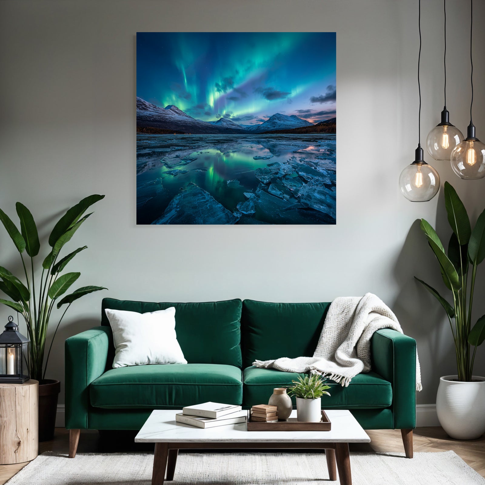Polarlicht Nordlichter Auf Einem Gefrorenen See Mit Schneebedeckten Bergen | Fjorde und Gletscher | Landschaften