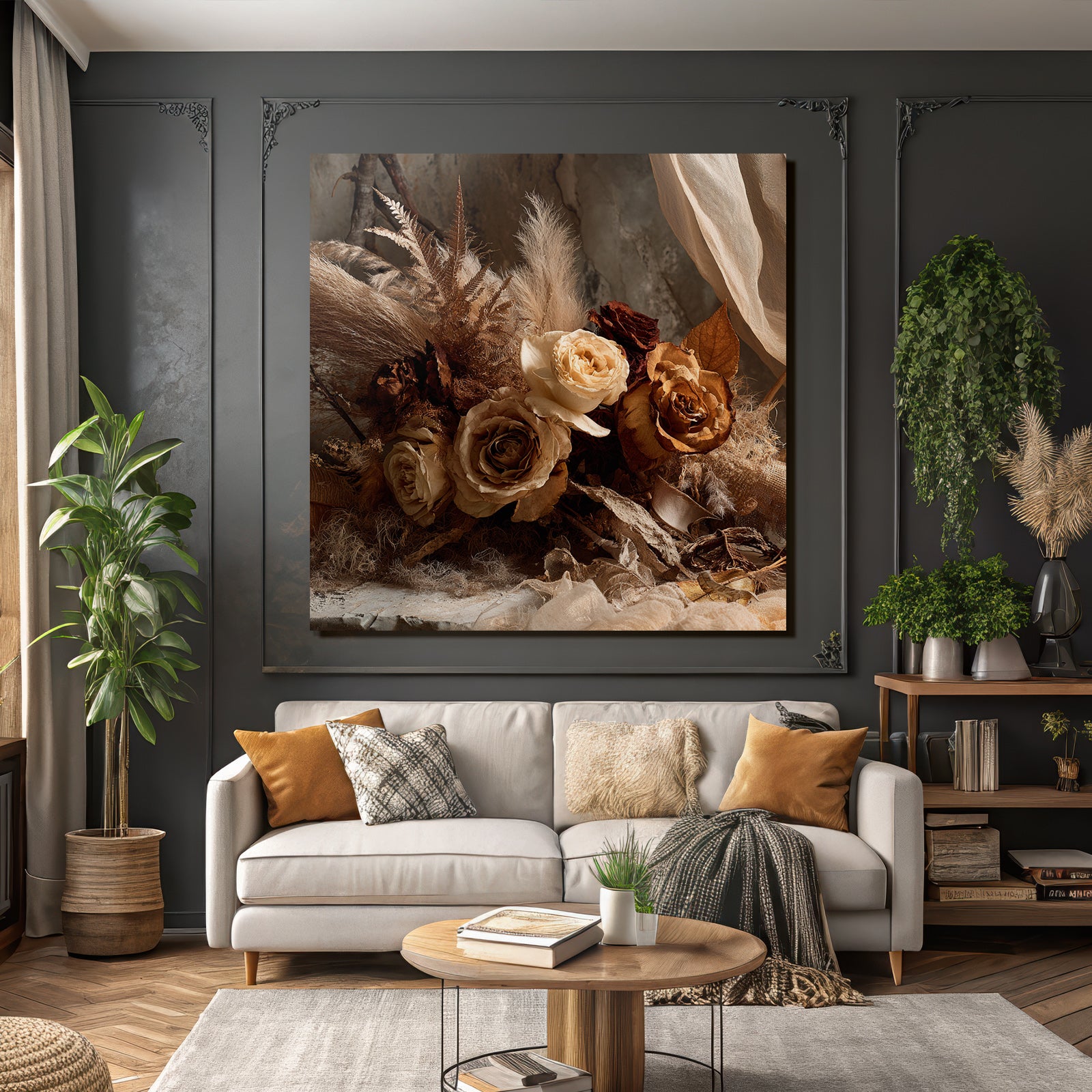 Trocken Retro Flowers Getrocknete Rosen Flower Arrangement Erdige Tonpalette Rustikaler Stil