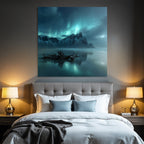 Polarlicht Dramatische Berge Nacht Himmel Aurora Borealis Spiegelung Strand | Fjorde und Gletscher | Landschaften