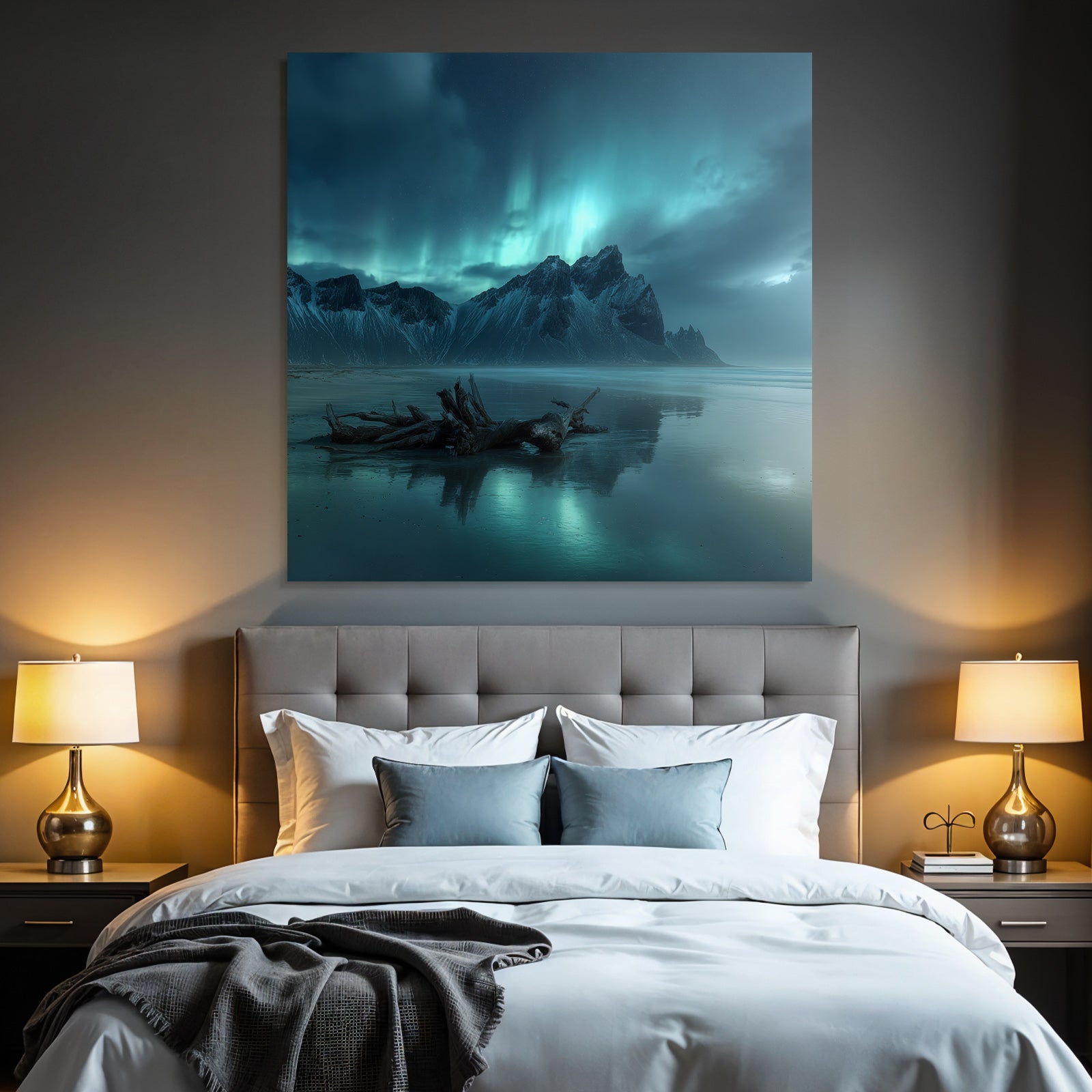 Polarlicht Dramatische Berge Nacht Himmel Aurora Borealis Spiegelung Strand | Fjorde und Gletscher | Landschaften