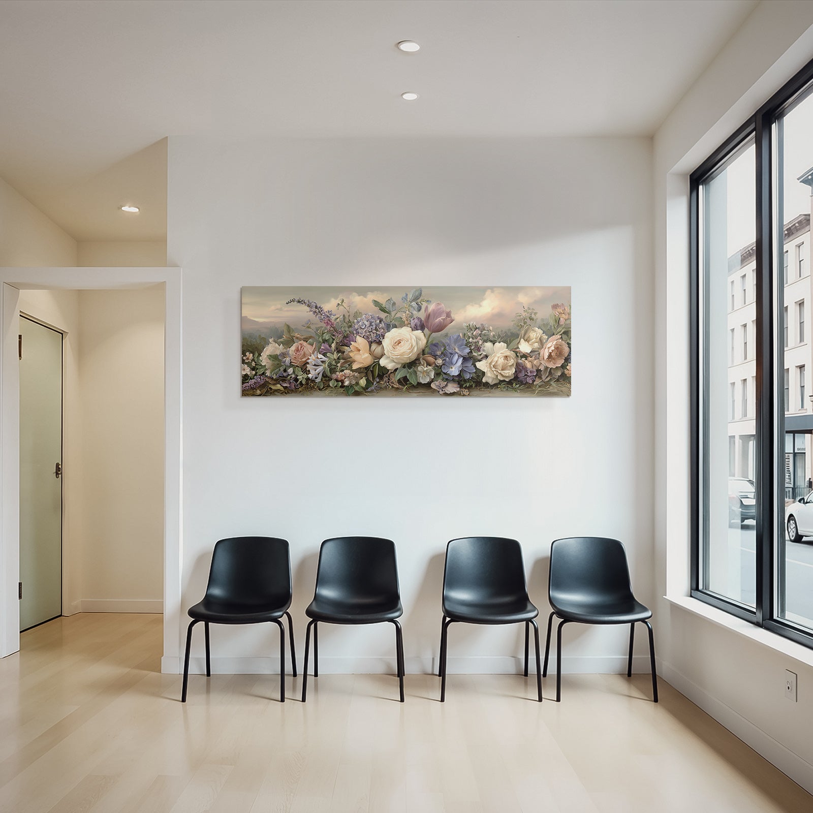 Romantische Landschaft Mit Rosen Und Tulpen Im Morgendlichen Pastelllicht