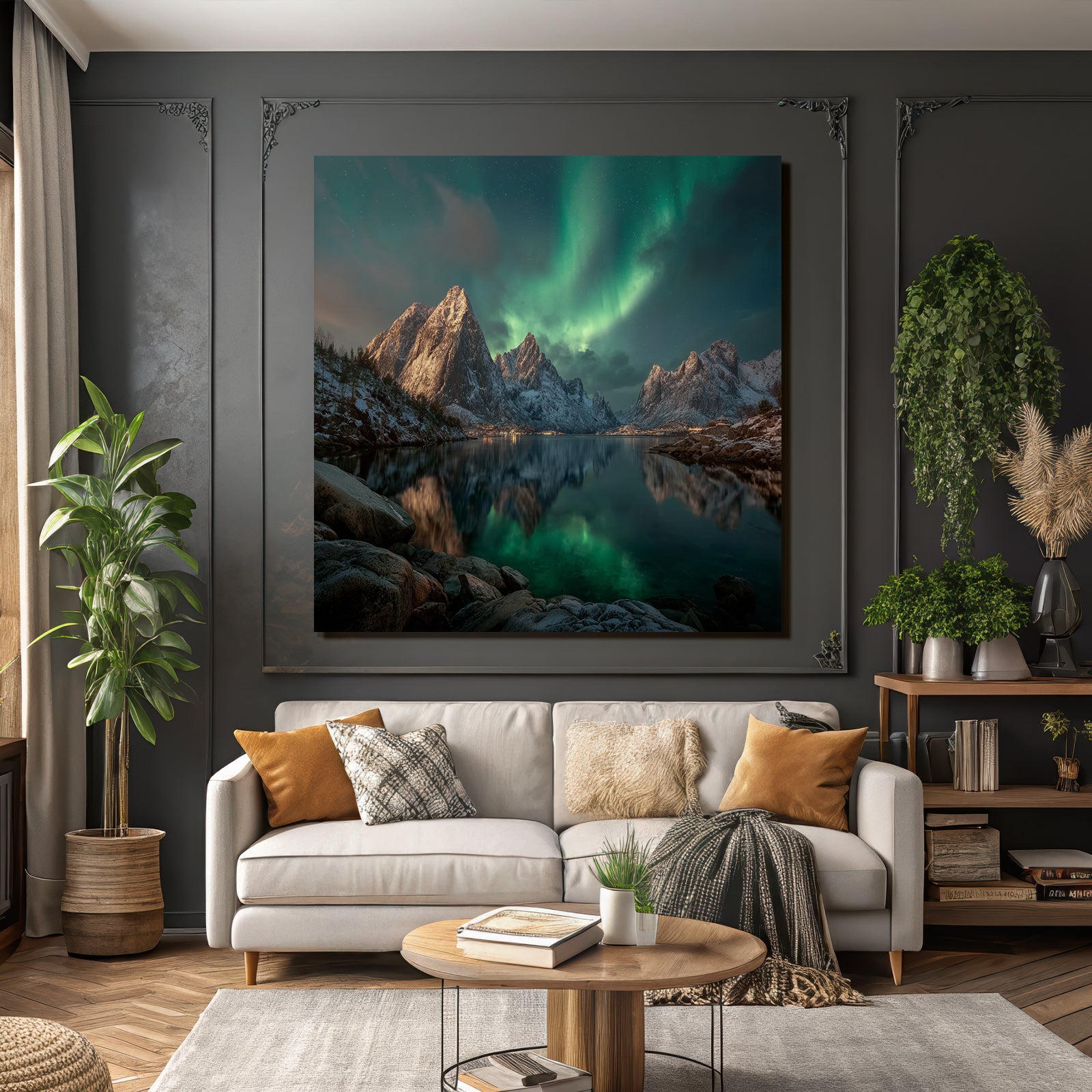 Polarlicht Schneebedeckte Berge Nordlichter Spiegelung Wasser Nachtlandschaft | Fjorde und Gletscher | Landschaften