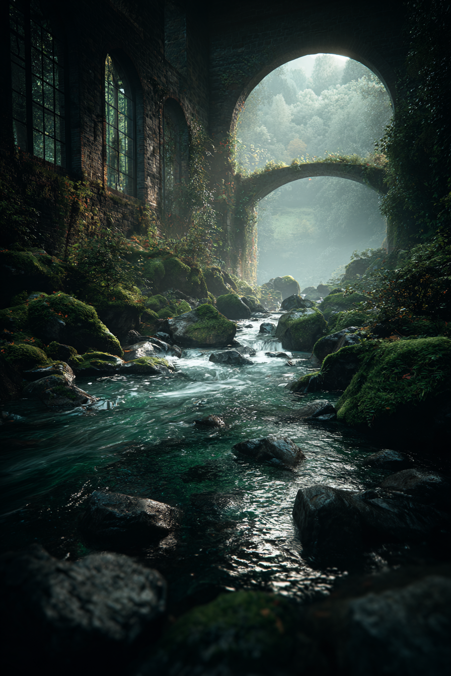 Zauberhafte Landschaft Mit Altsteinstruktur Und Bach Im Nebel | Lost Places | Architektur