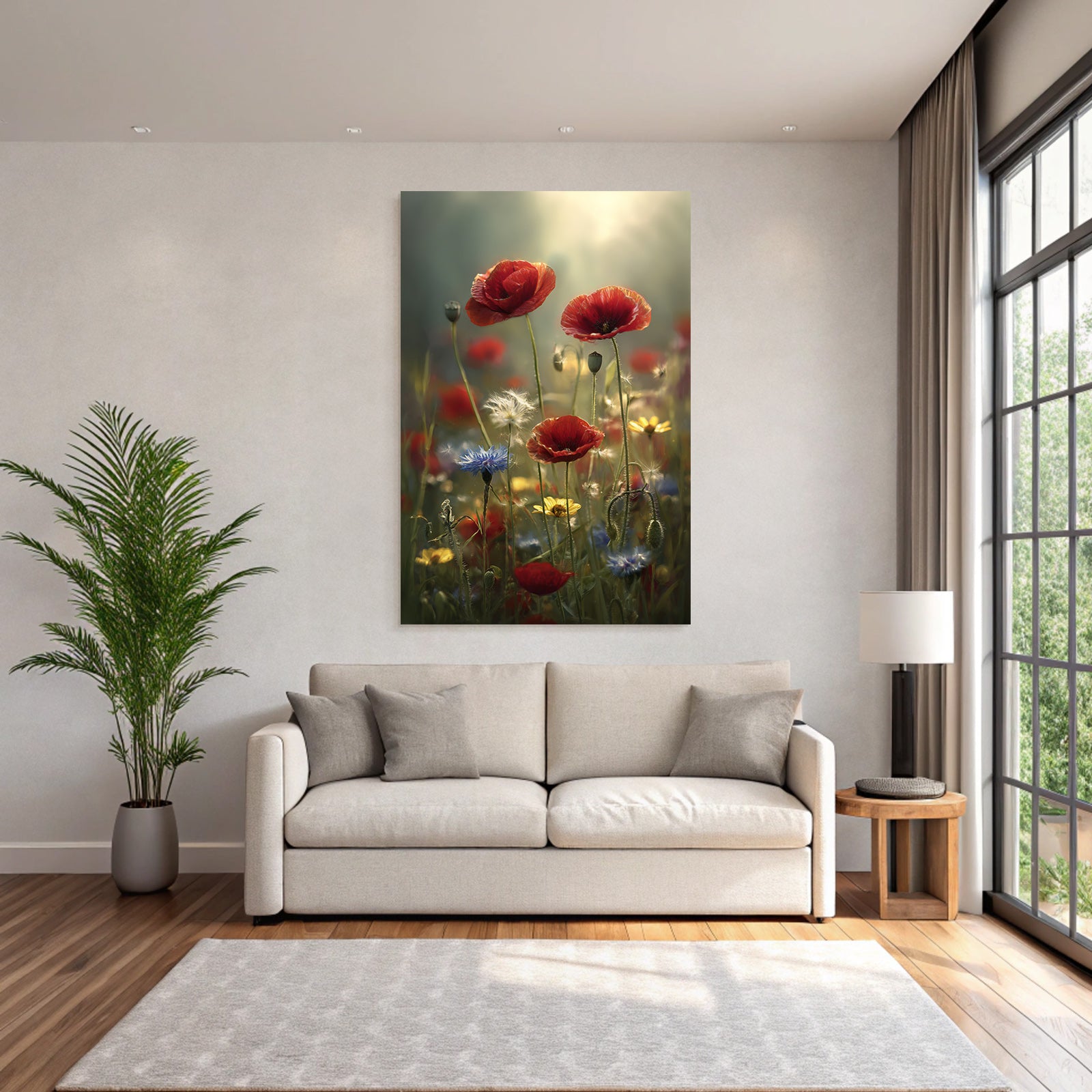 Leuchtendes Feld Mit Roten Mohn Und Blaün Gelben Blüten