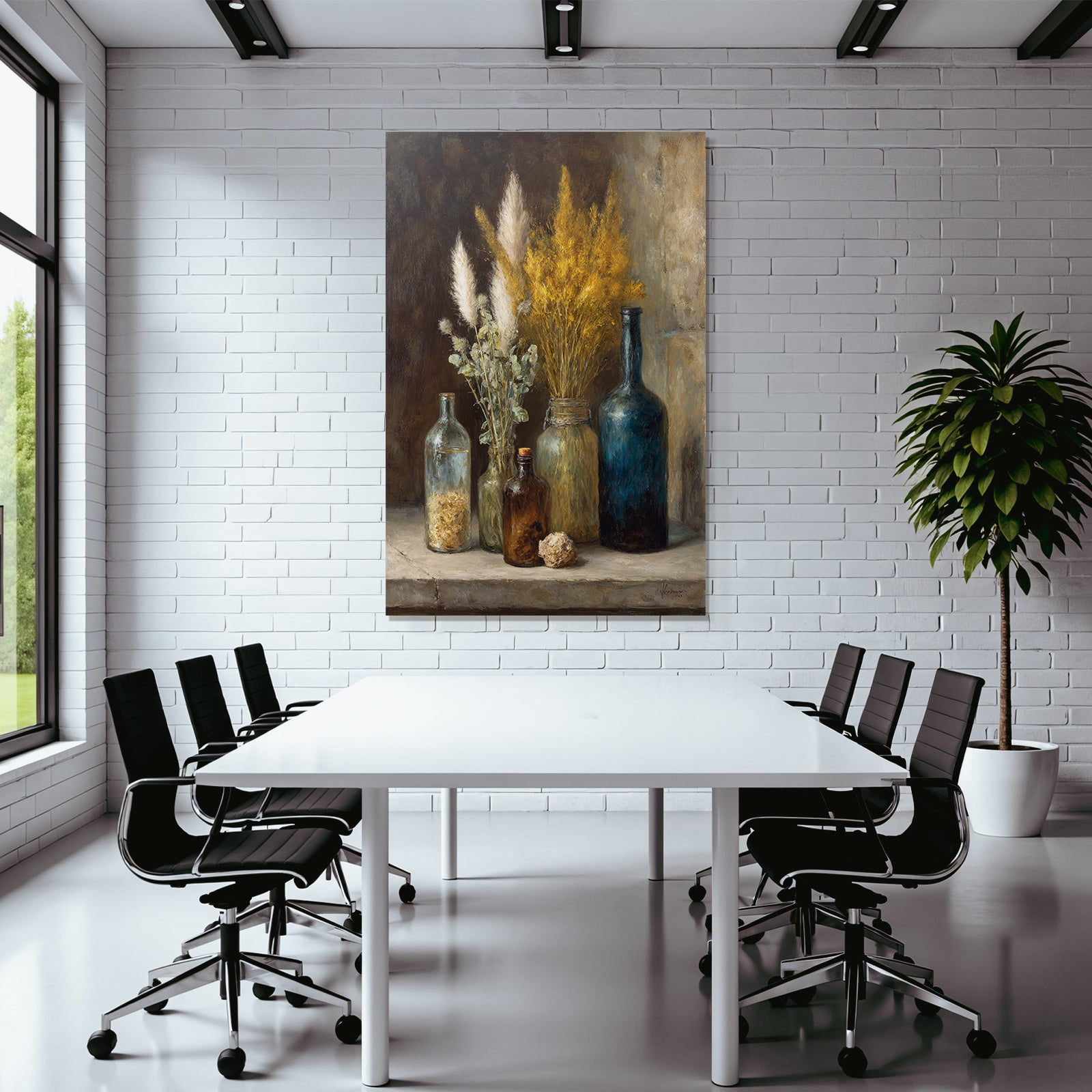 Trocken Retro Flowers Still Life Arrangement Mit Glass Flaschen Und Pflanzen