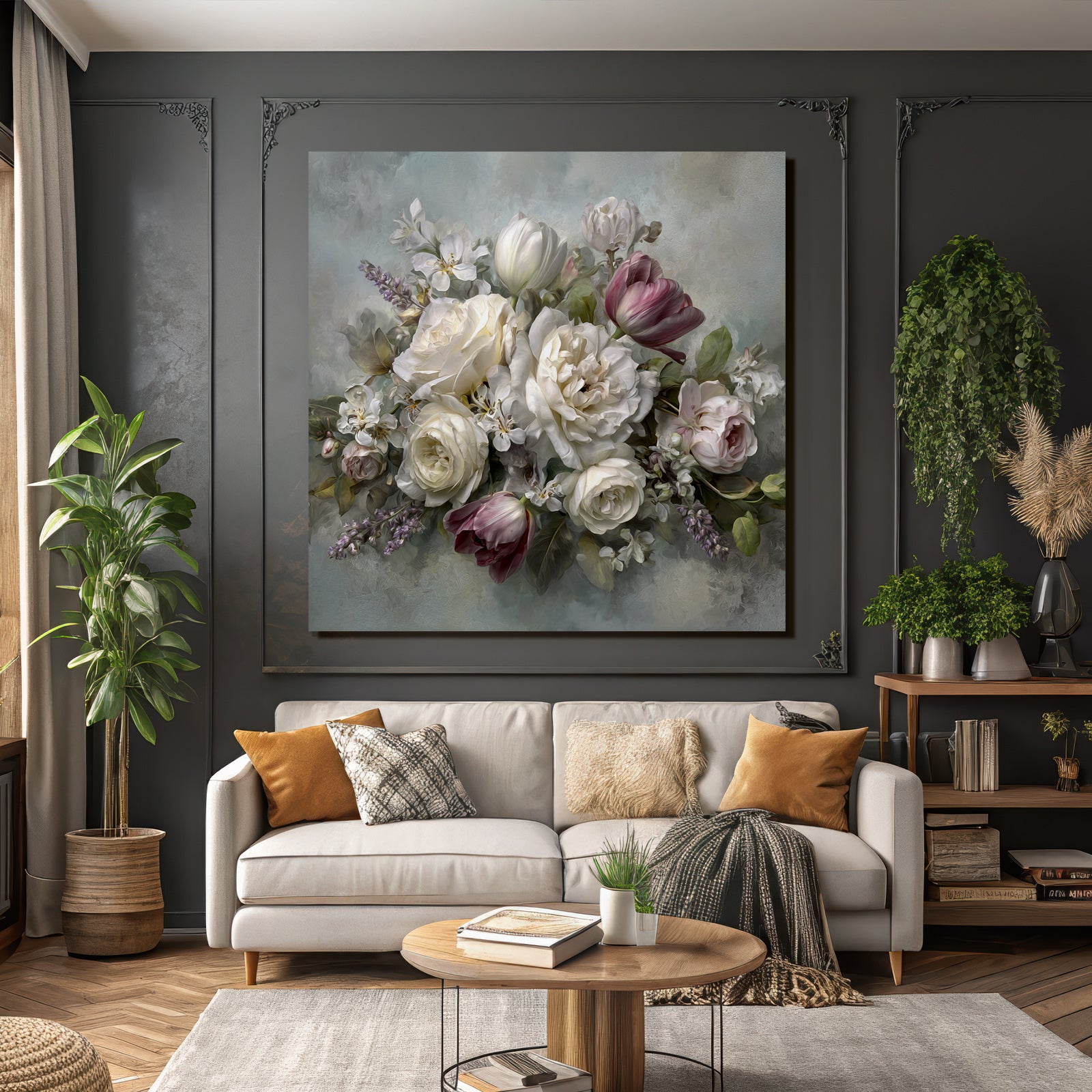 Zarte Florale Komposition Mit Rosen Tulpen Und Lavendel