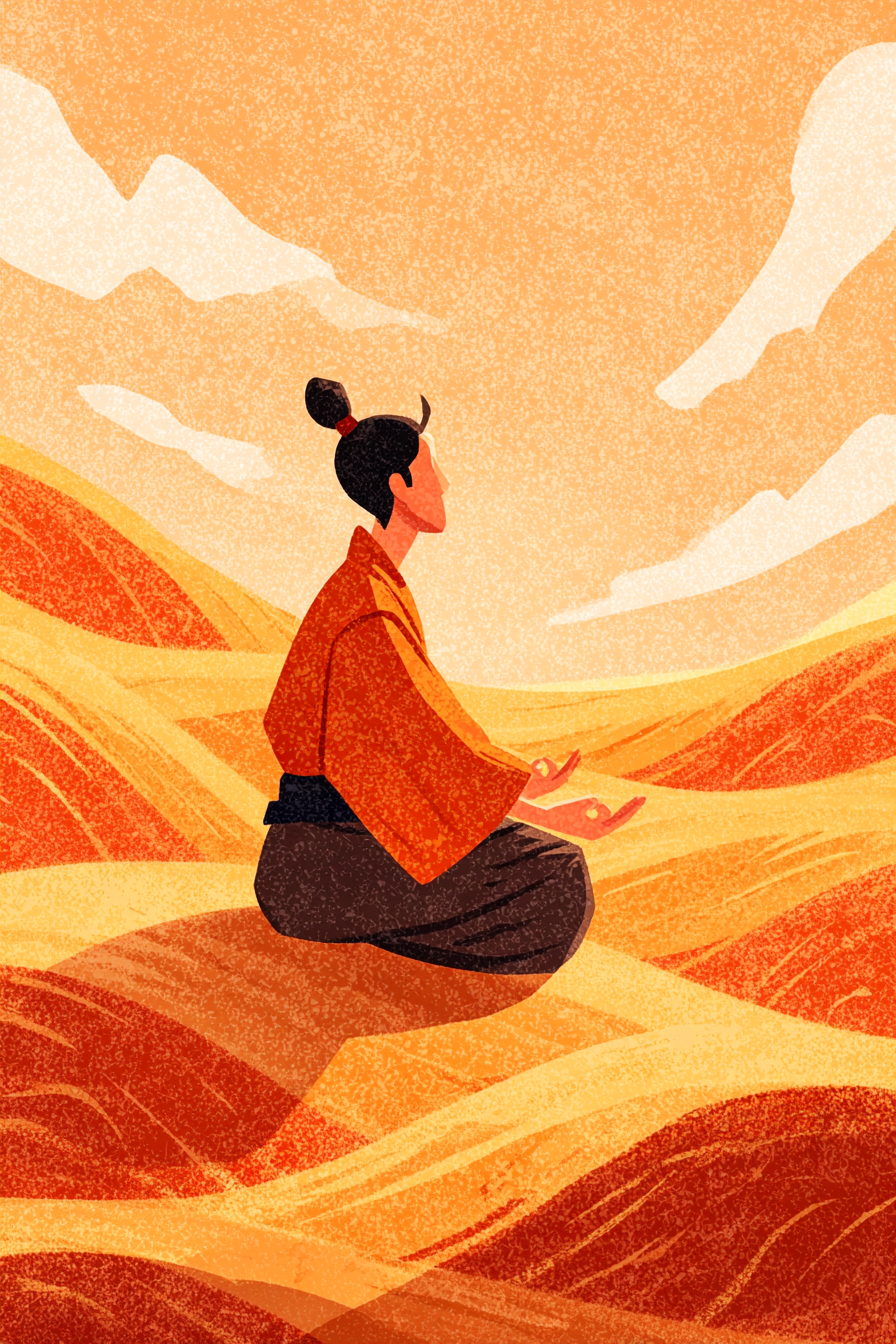 Yoga Meditation Meditierender Mensch In Stilvollem Landschaft Sanfte Hügel Orangener Himmel | Yoga und Meditation | Themen und Hobbys