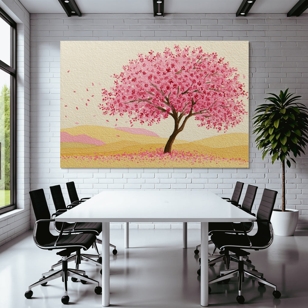 Frühlingslandschaft Mit Rosa Blühendem Baum Und Sanften Hügeln