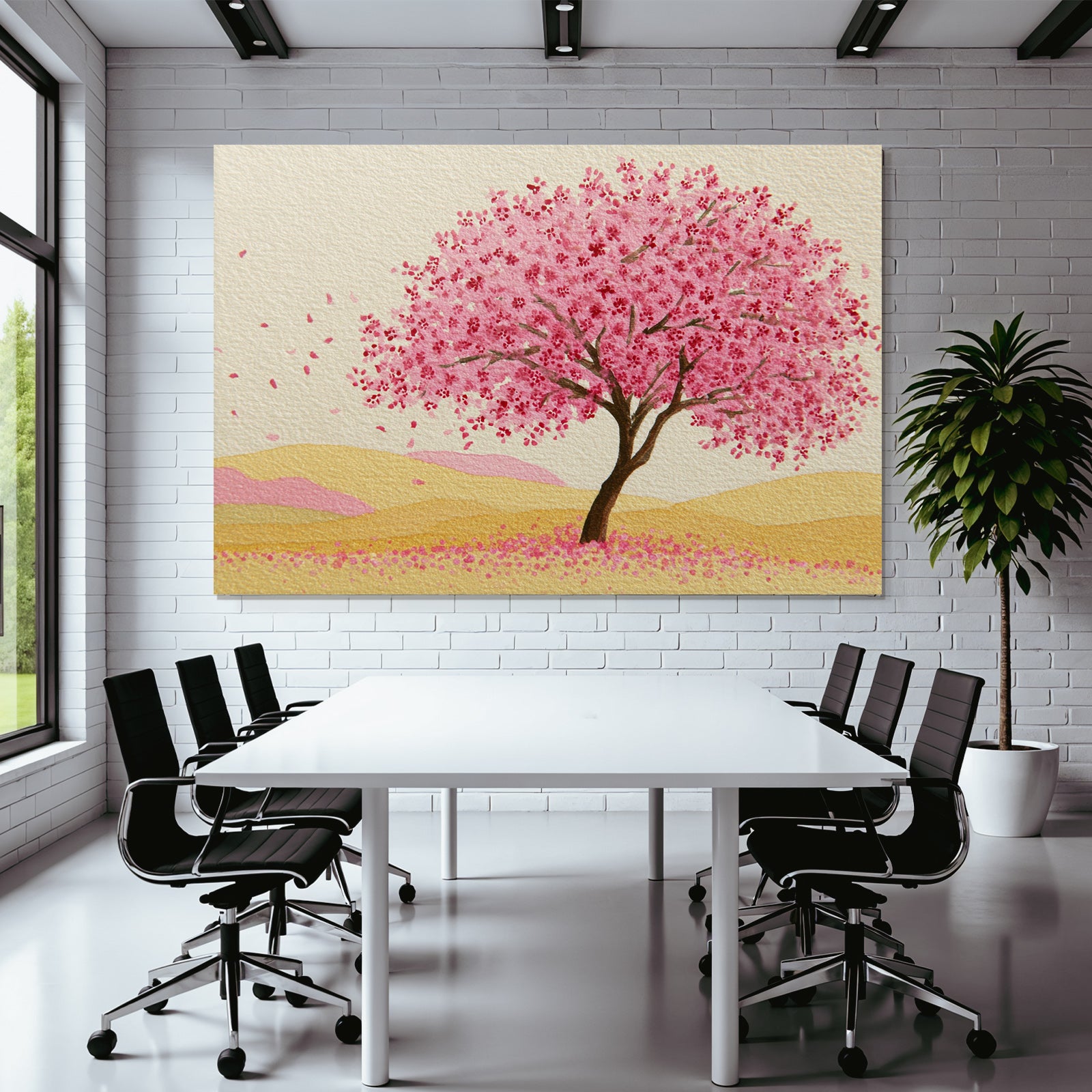 Frühlingslandschaft Mit Rosa Blühendem Baum Und Sanften Hügeln