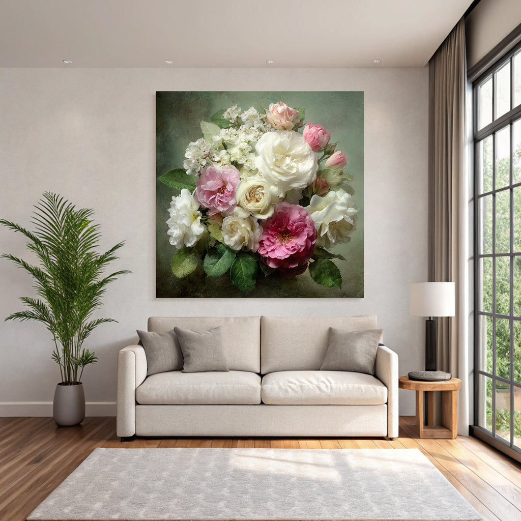 Schönes Arrangement Mit Rosen In Weiss Rosa Und Creme Kleine Weisse Und Grüne Blätter