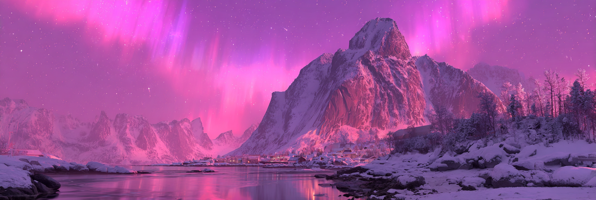 Polarlicht Winterlandschaft Nordlichter Verschneite Berge Beruhigender Wasser Fluss | Fjorde und Gletscher | Landschaften
