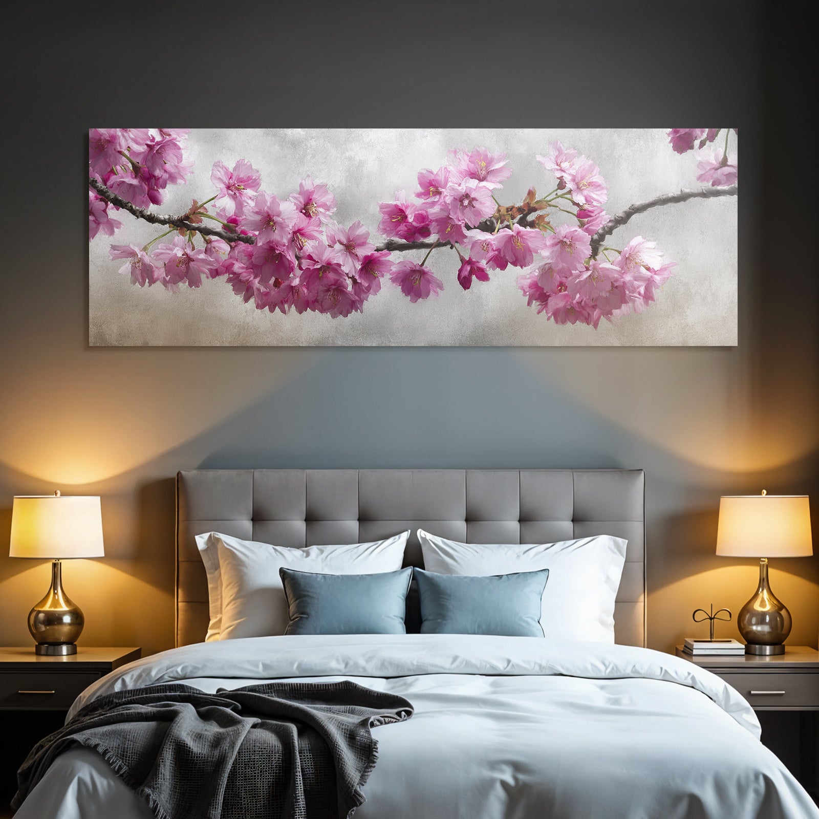 Zweig Mit Rosa Kirschblüten Vor Graüm Hintergrund