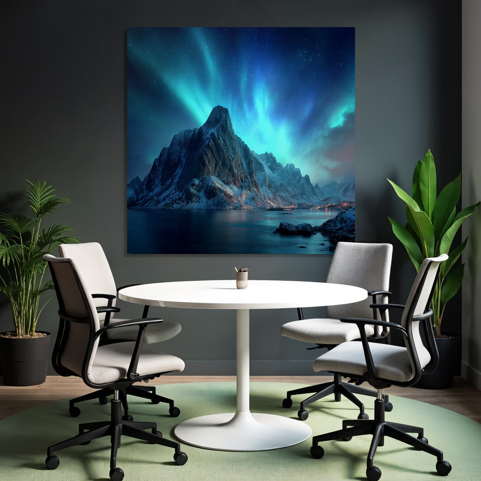 Polarlicht Mountainlandschaft Nacht Himmel Nordlichter Schneebedeckte Spitzen Wasser Reflection | Fjorde und Gletscher | Landschaften