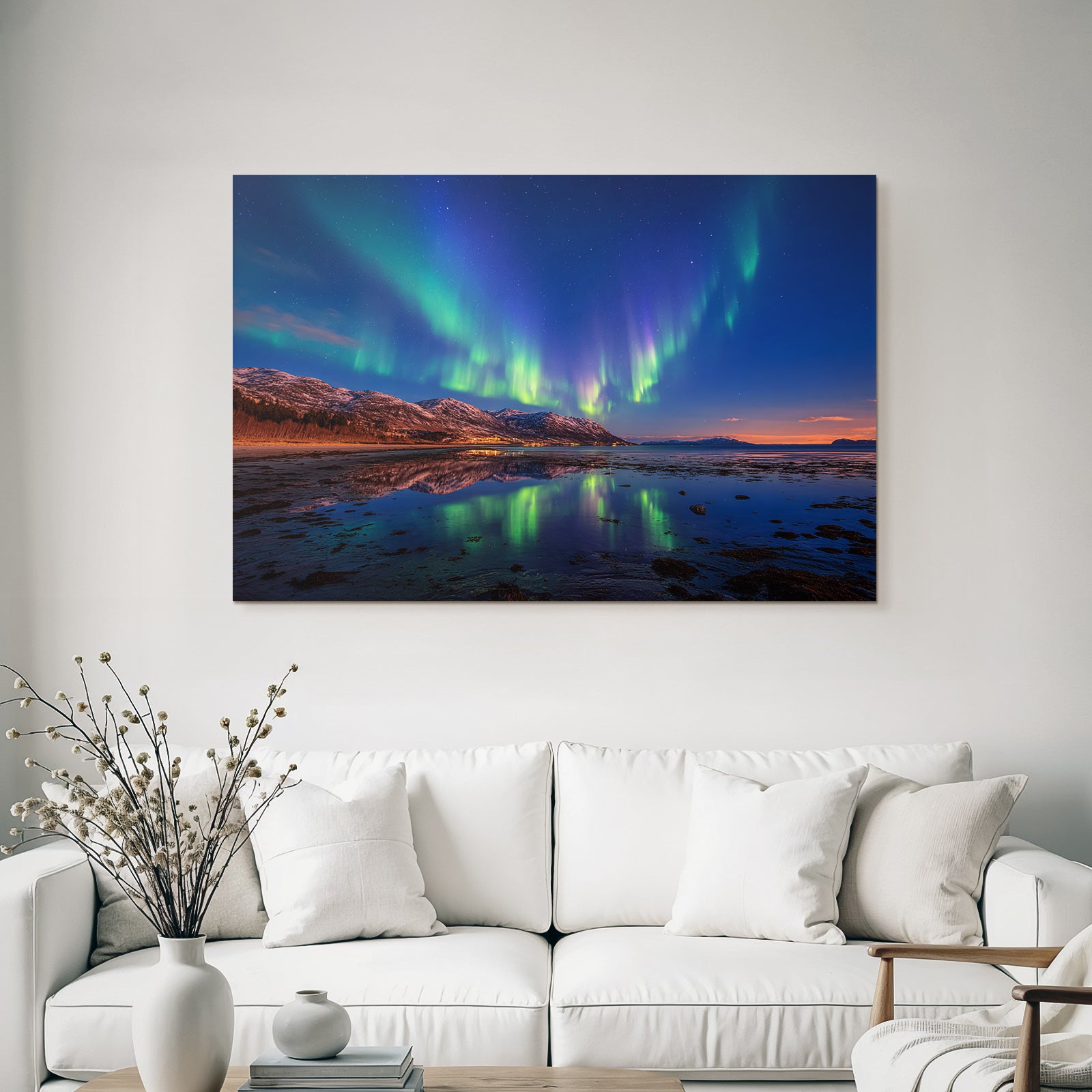 Polarlicht Nordlichter Aurora Borealis Nacht Himmel Reflexion Wasser Schneebedeckte Berge | Fjorde und Gletscher | Landschaften