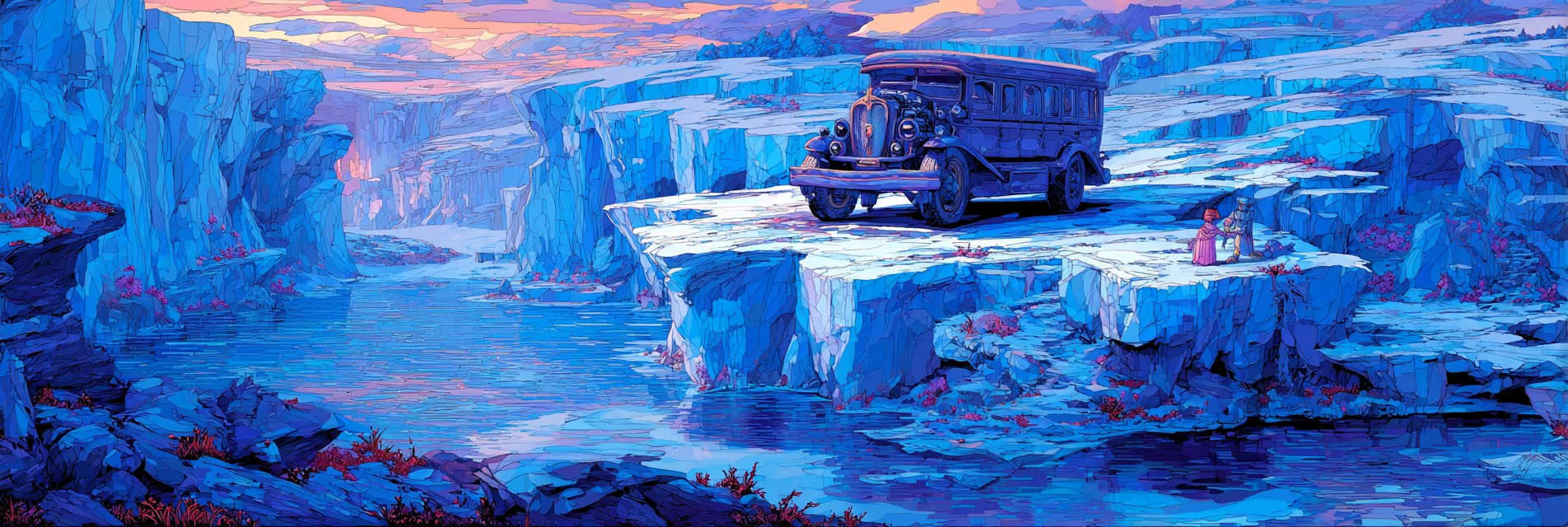 Polarlicht Surreale Eislandschaft Mit Vintage Bus Und Farbigen Felsen | Fjorde und Gletscher | Landschaften