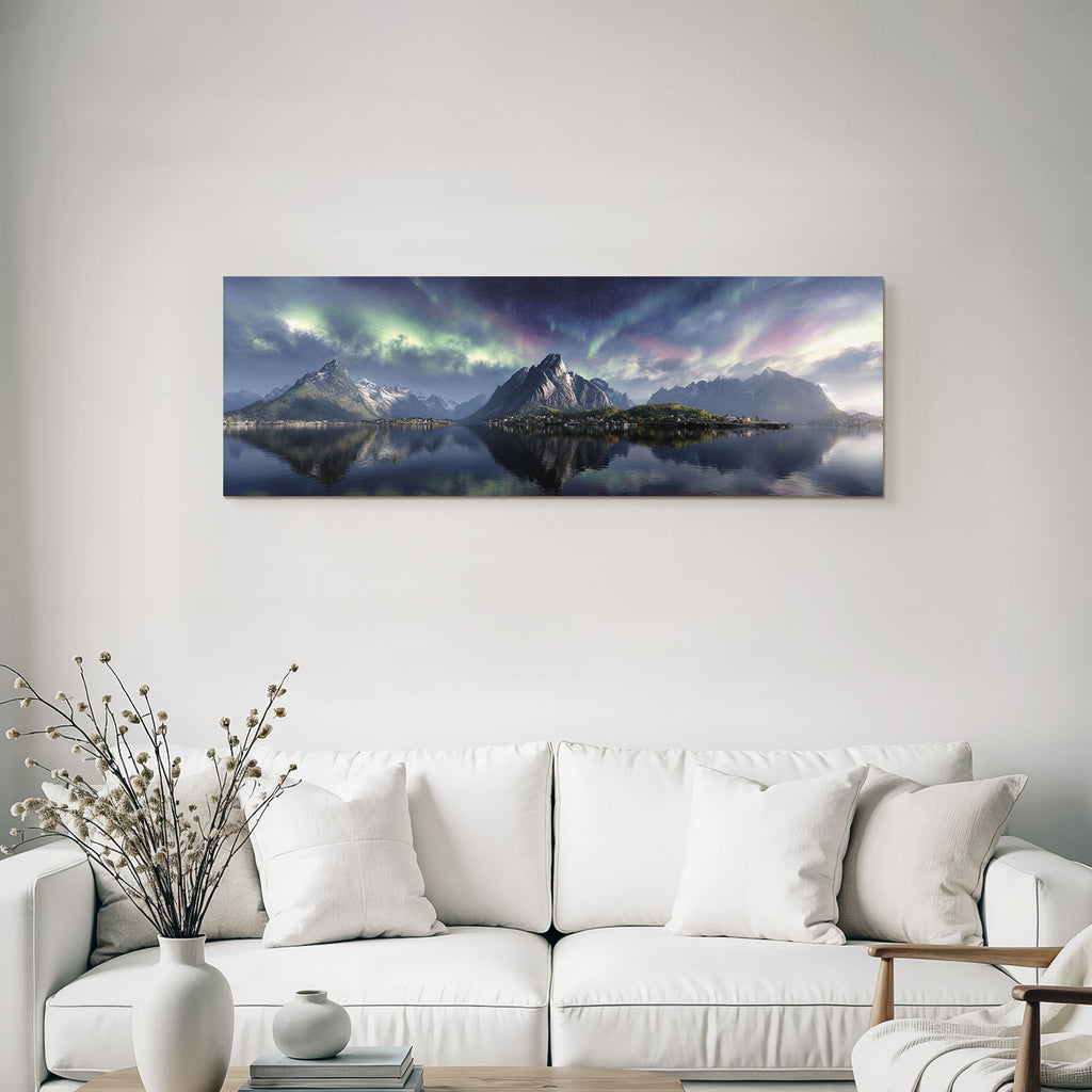 Polarlicht Atemberaubende Berglandschaft Spiegelung Wasser Nordlichter Norwegen | Fjorde und Gletscher | Landschaften