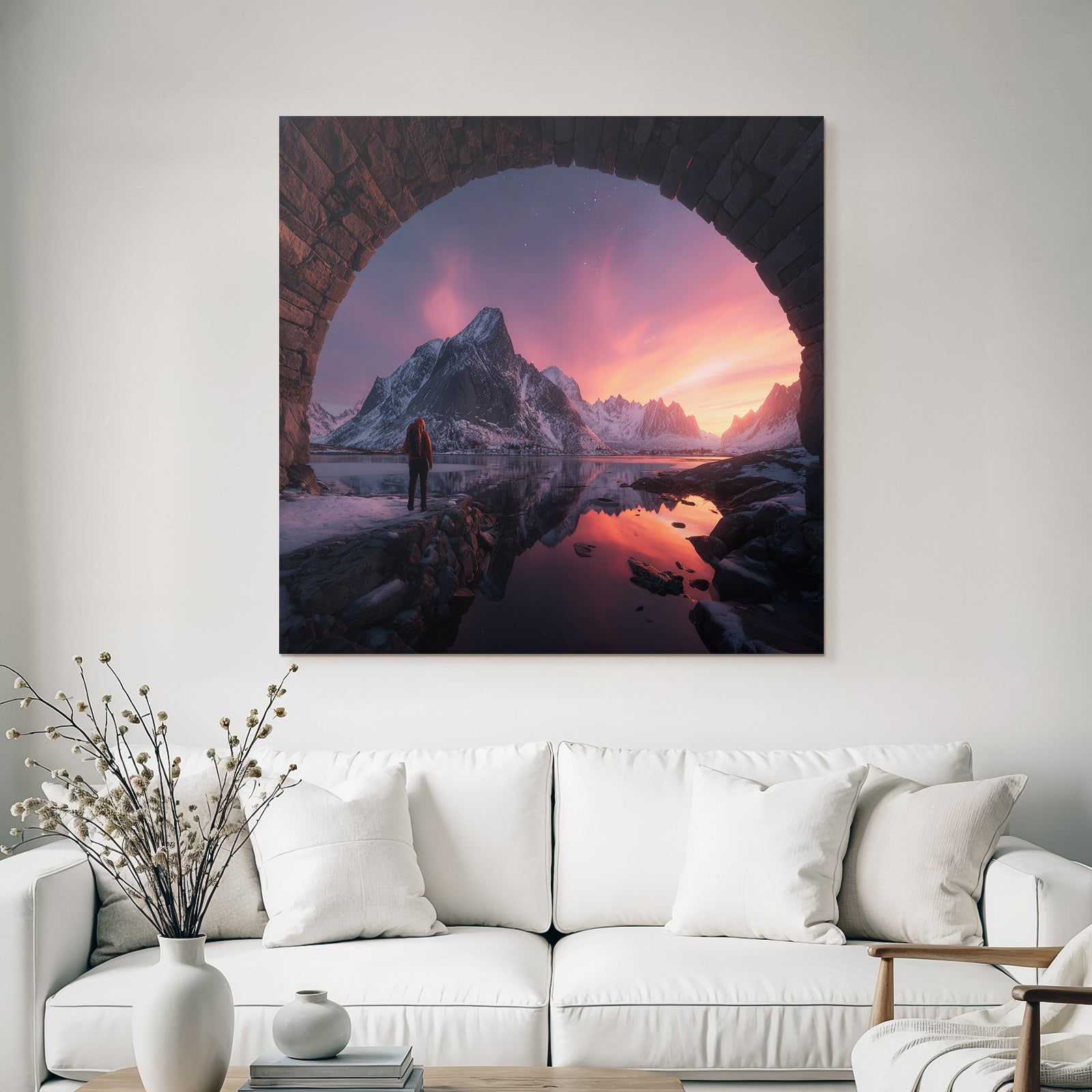 Polarlicht Breathtaking Landschaft Mit Person Und Steinbogen Am Gebirgespiegelung Bei Sonnenaufgang | Fjorde und Gletscher | Landschaften
