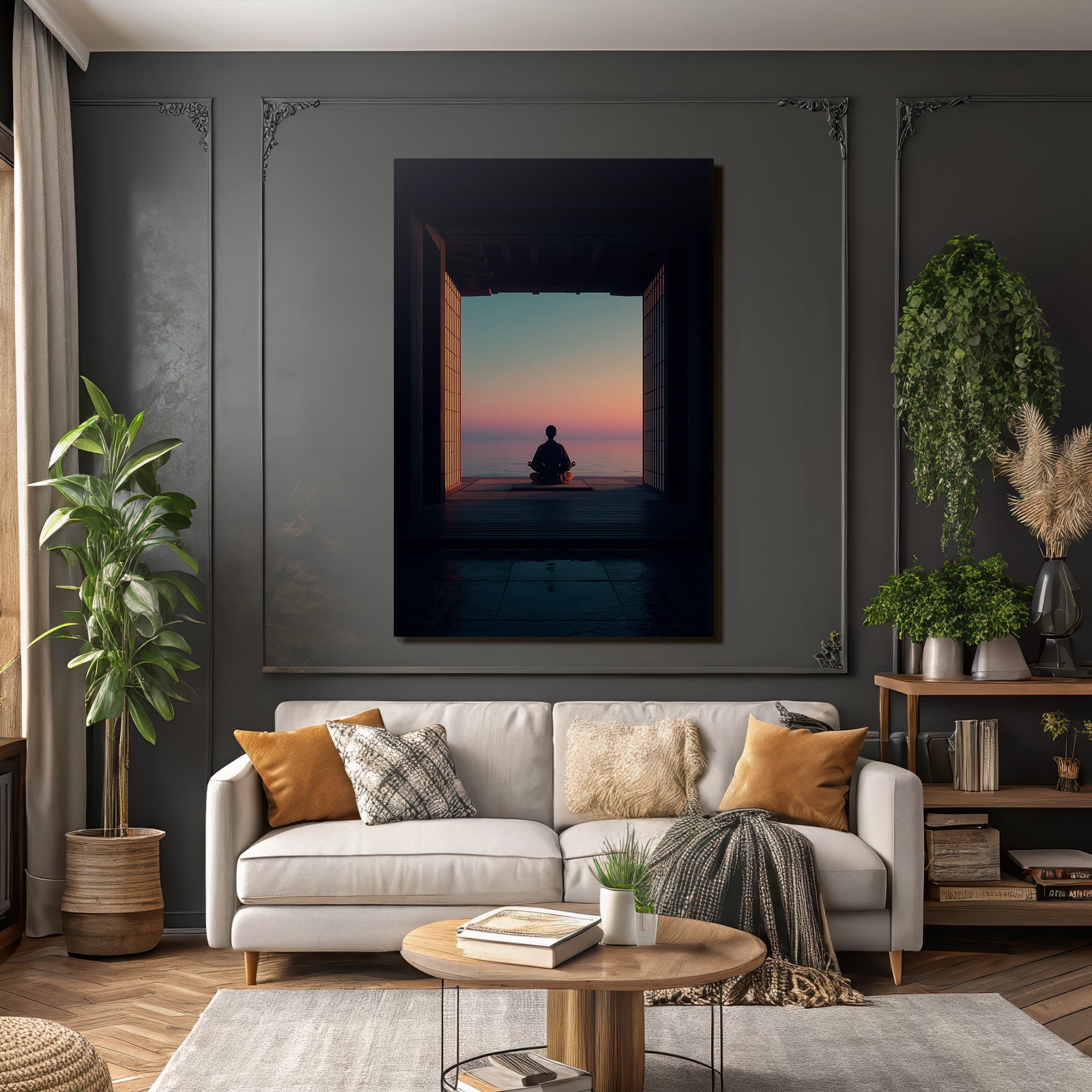 Yoga Meditation Ruhige Szene Person Meditiert See Horizont Sonnenuntergang Japanisches Design | Yoga und Meditation | Themen und Hobbys