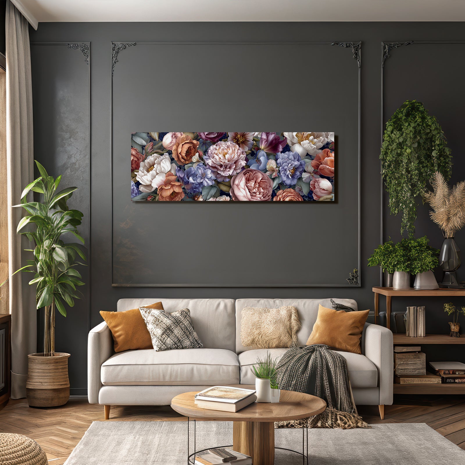 Illustration Mit Pfingstrosen Rosen Und Weiteren Blüten Vor Dunklem Hintergrund
