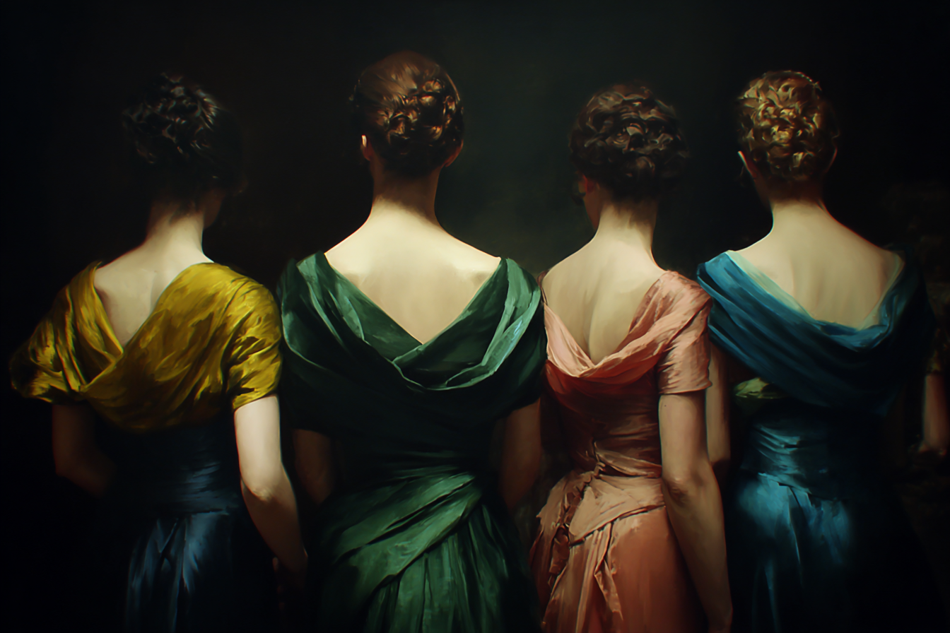 Elegante Kleider Von Vier Fraün Mit Rücken Zu Sehen | Aktkunst und Sinnlichkeit | Menschen und Emotionen