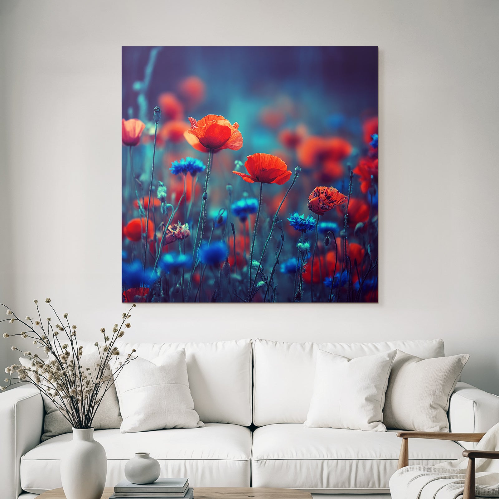 Sommerwiese Mit Roten Mohn Und Blaün Korn