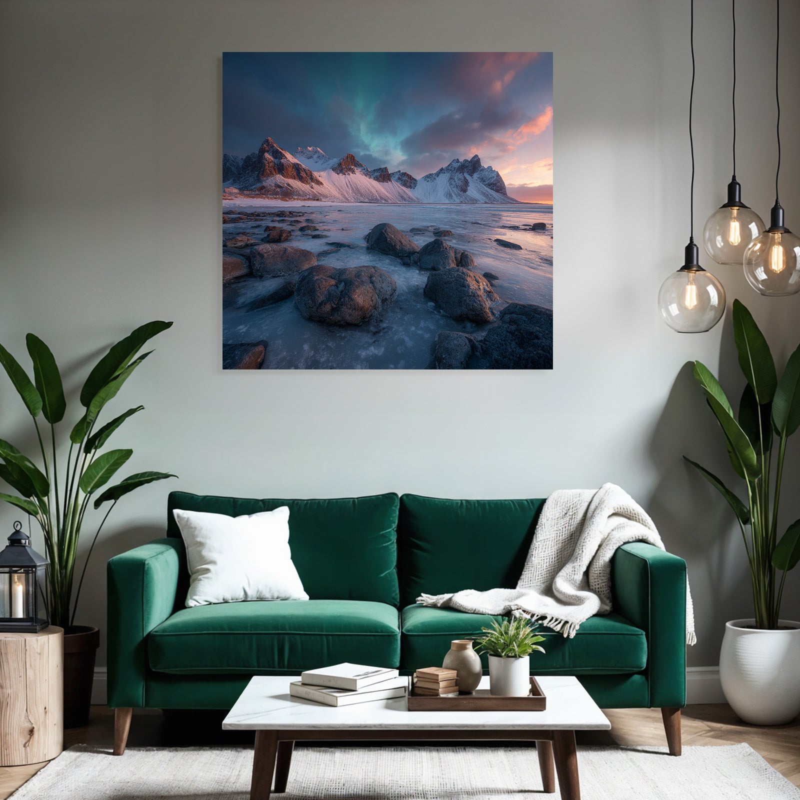 Polarlicht Winterlandschaft Mit Bergen Und Nordlichtern Mit Farbenfrohem Himmel | Fjorde und Gletscher | Landschaften