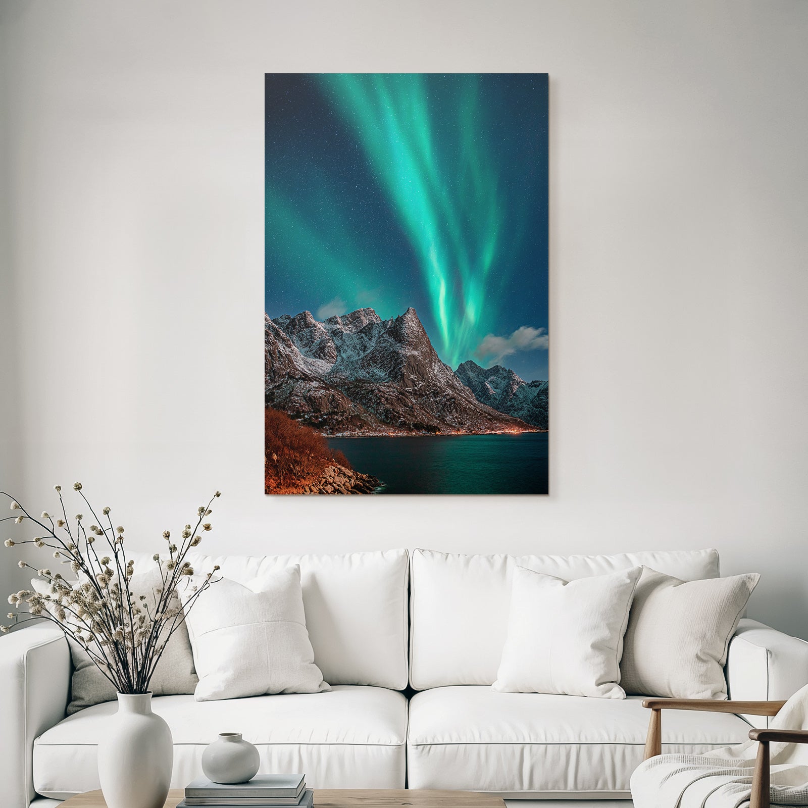 Polarlicht Schneebedeckte Berge Unter Aurora Borealis Nachtlandschaft | Fjorde und Gletscher | Landschaften