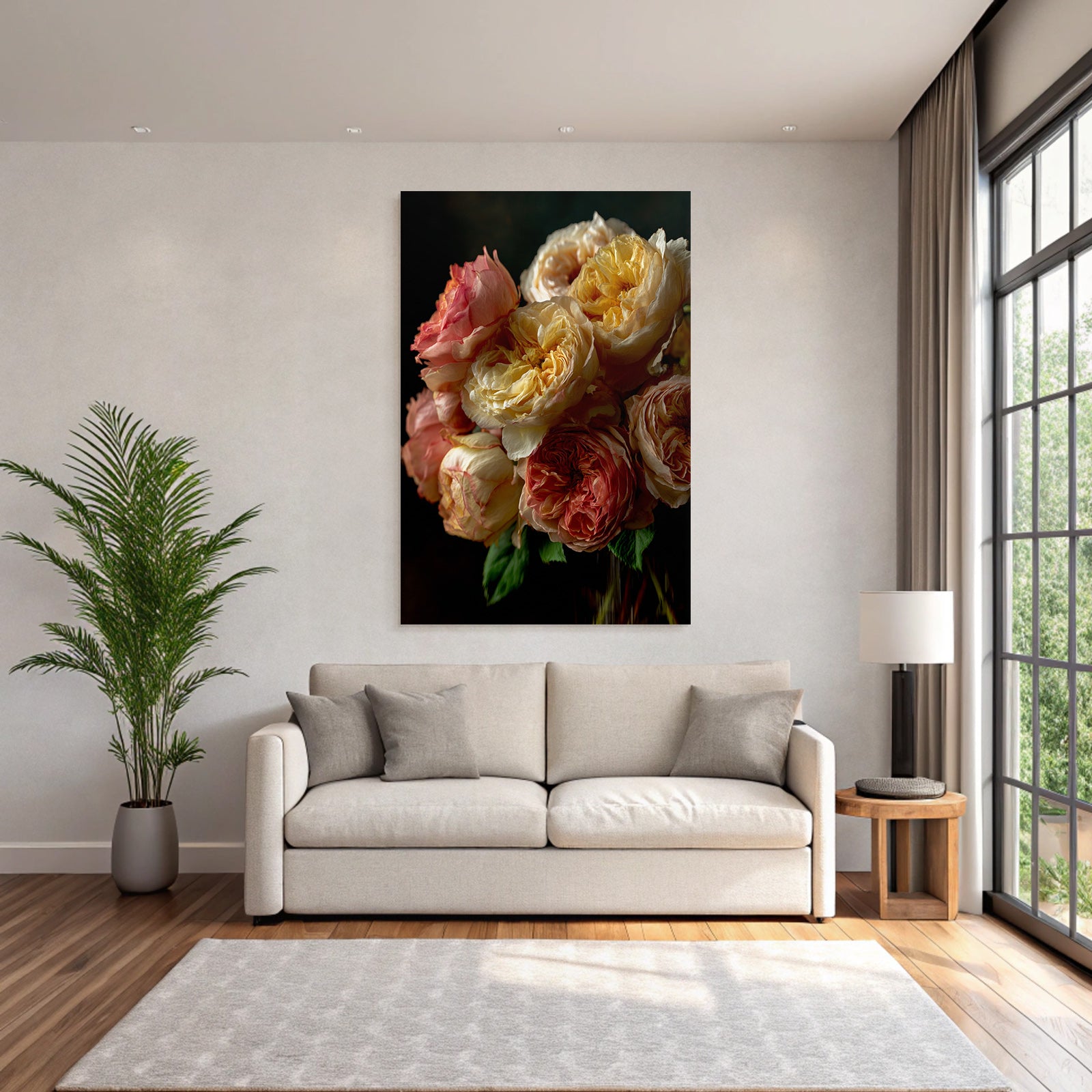 Nahaufnahme Eines Rosenstrausses In Pastellrosa Creme Und Gelb Auf Dunklem Hintergrund
