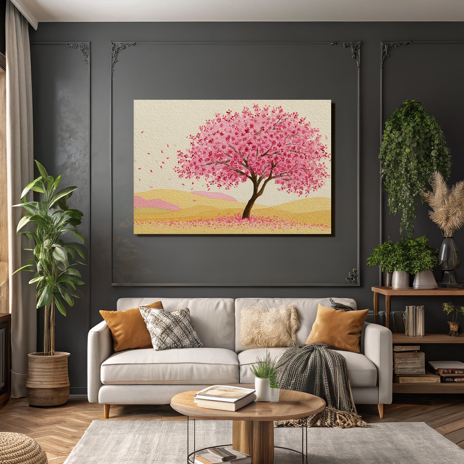 Frühlingslandschaft Mit Rosa Blühendem Baum Und Sanften Hügeln