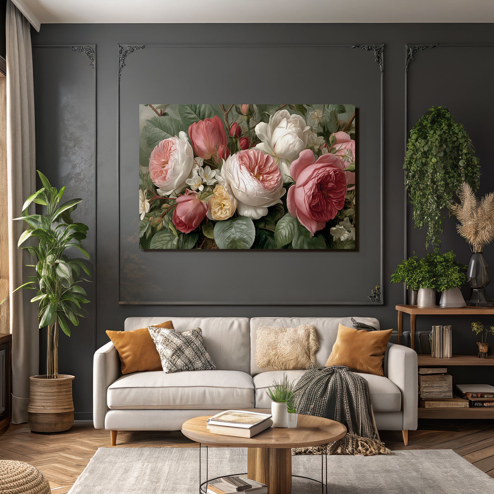 Strauss Mit Rosen Und Grünen Blättern Im Malerischen Stil