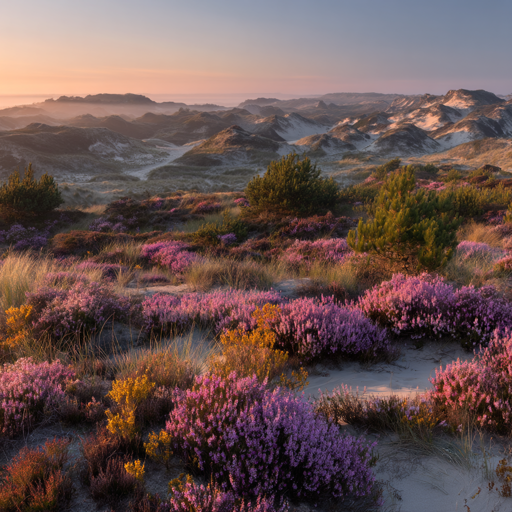 Rollende Hügel Sanddünen Blühende Blumen Morgengraün | Duenen und Heide | Landschaften