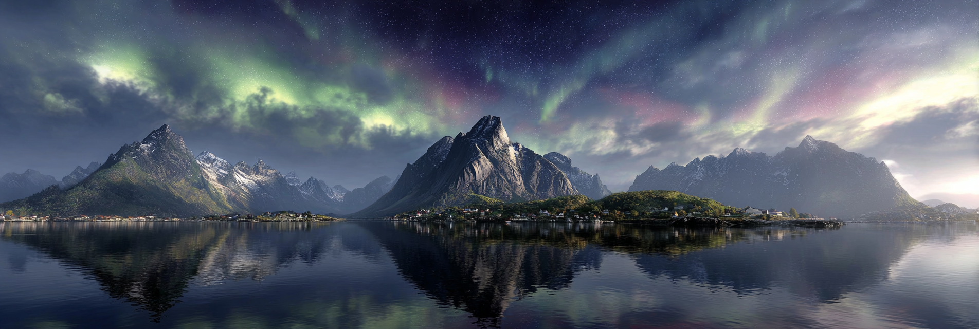 Polarlicht Atemberaubende Berglandschaft Spiegelung Wasser Nordlichter Norwegen | Fjorde und Gletscher | Landschaften