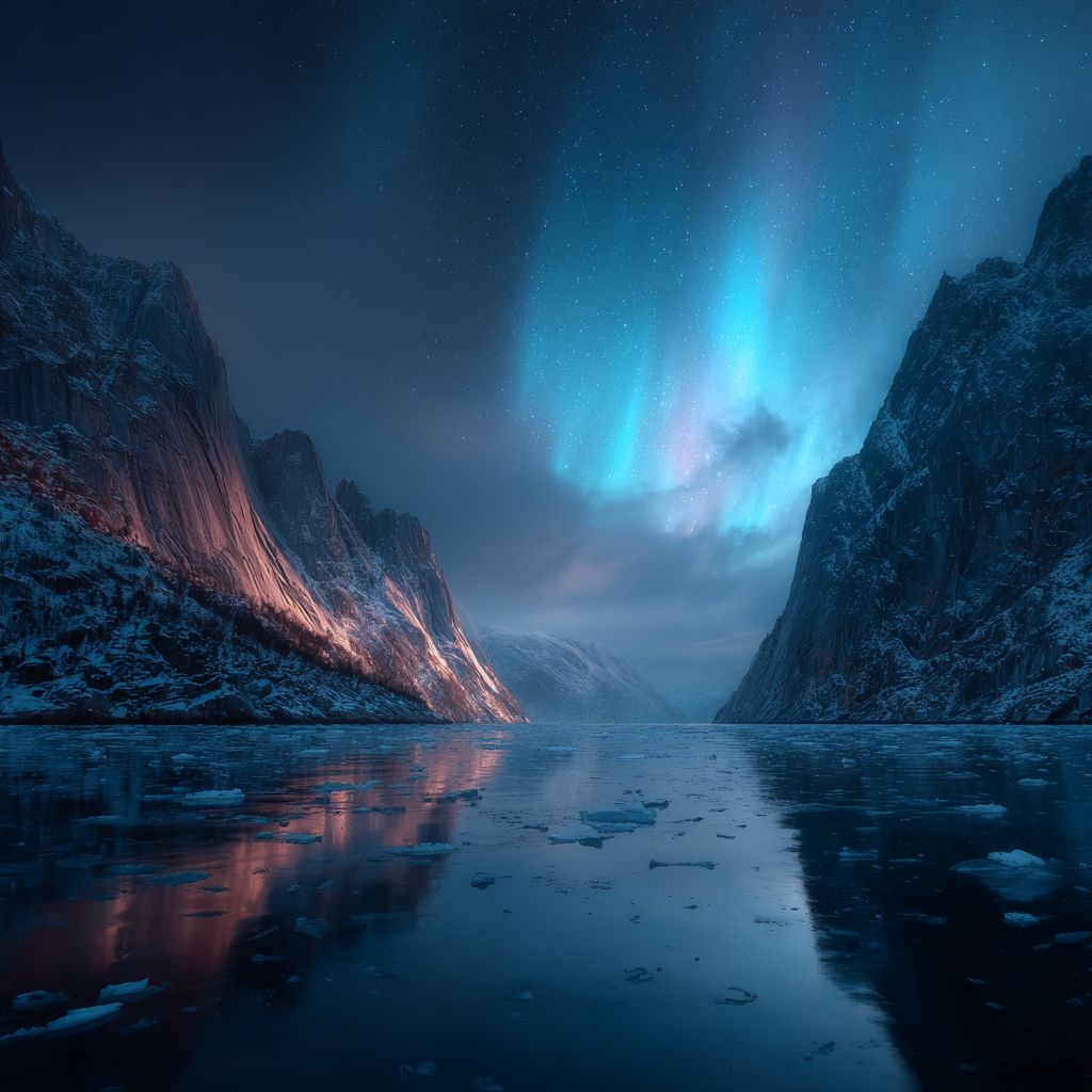 Polarlicht Ruhige Und Dramatische Landlandschaft Mit Nordlicht Und Bergsee | Fjorde und Gletscher | Landschaften