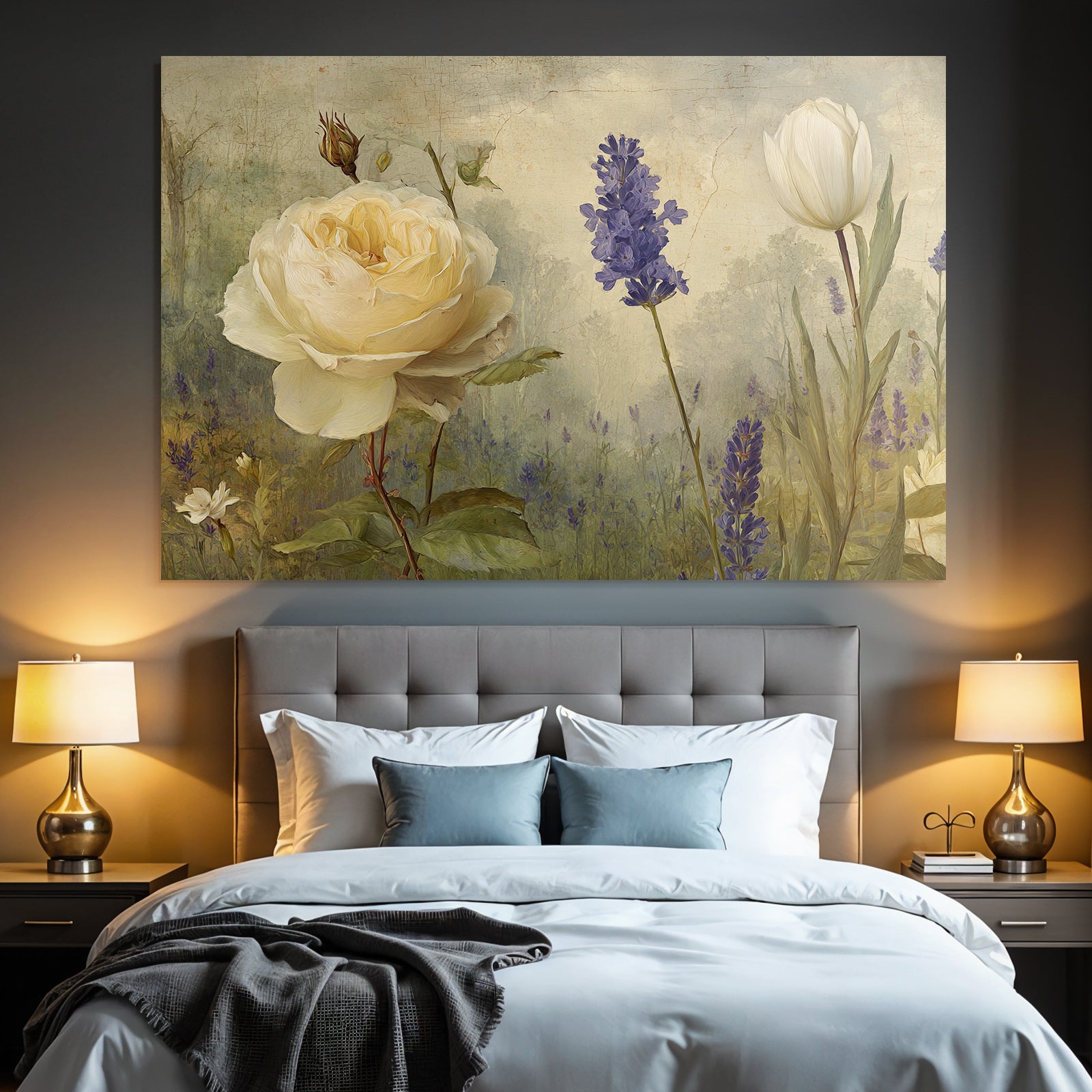 Stilisierte Gemälde Mit Cremefarbener Rose Weisser Tulpe Und Lila Blüten