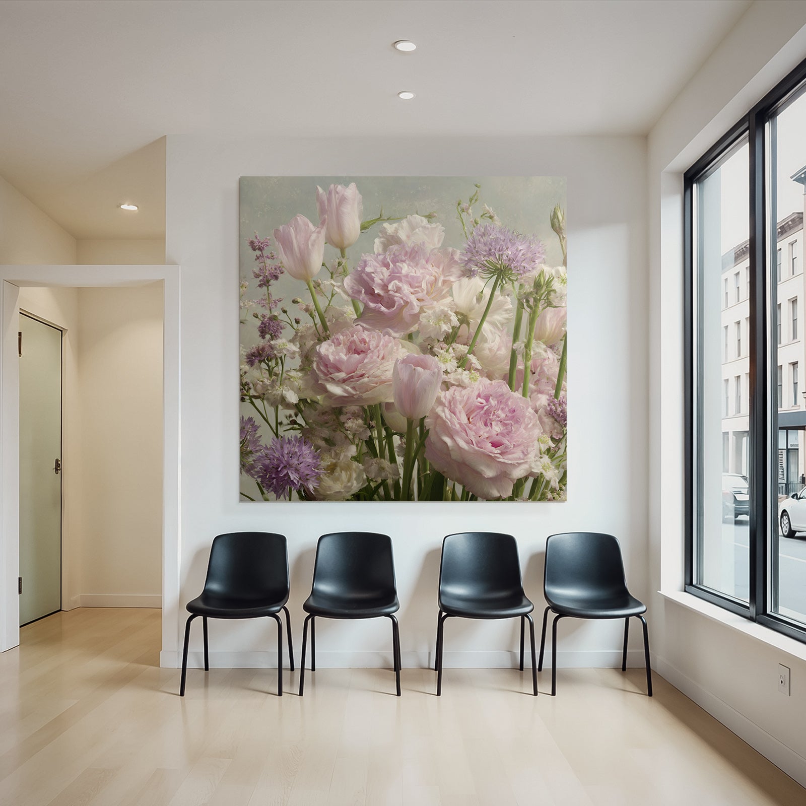 Sanftes Pastell Arrangement Aus Tulpen Und Pfingstrosen