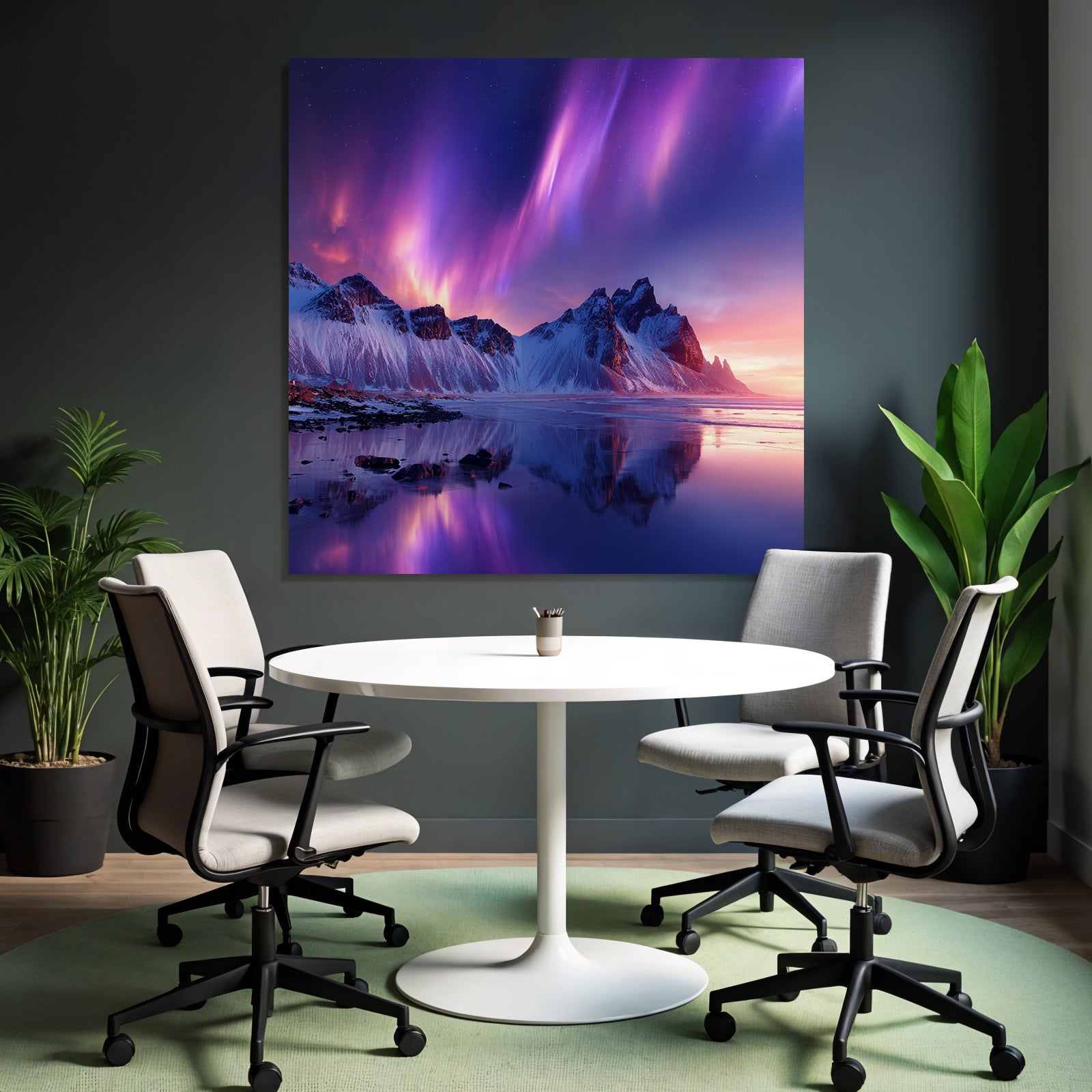 Polarlicht Schneebedeckte Berge Und Aurora Borealis Reflexion Im Wasser | Fjorde und Gletscher | Landschaften